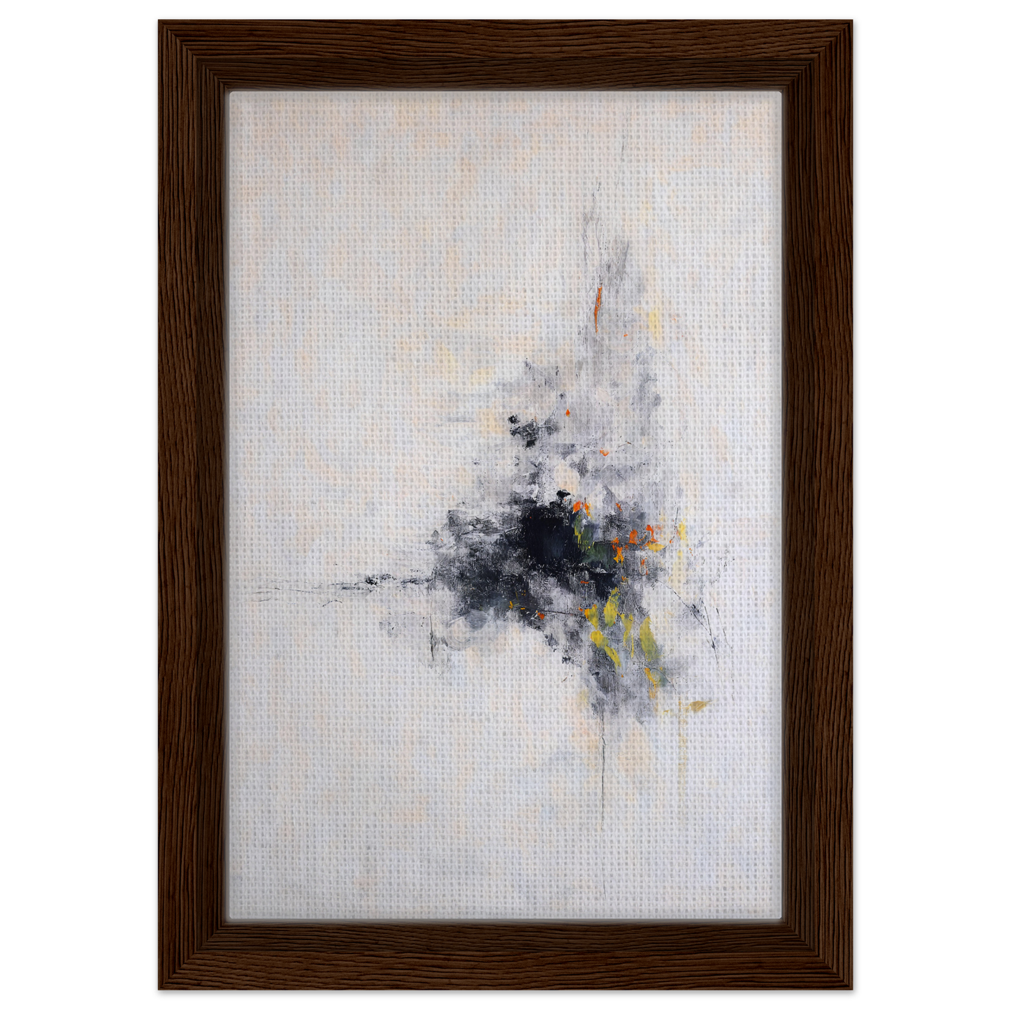 Abstract painting in gray, black, and yellow on white canvas for Cosmic Chaos Communion