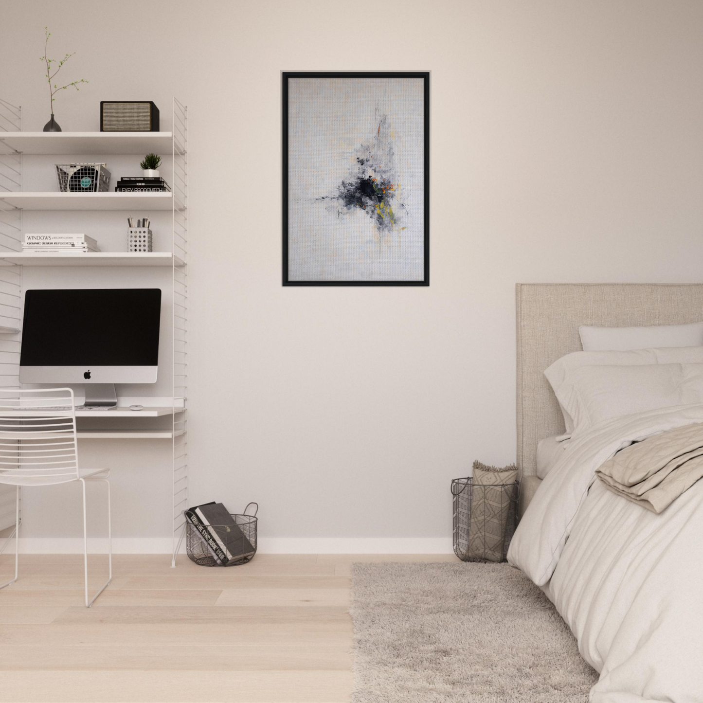 Minimalist bedroom featuring white walls and modern desk from Cosmic Chaos Communion