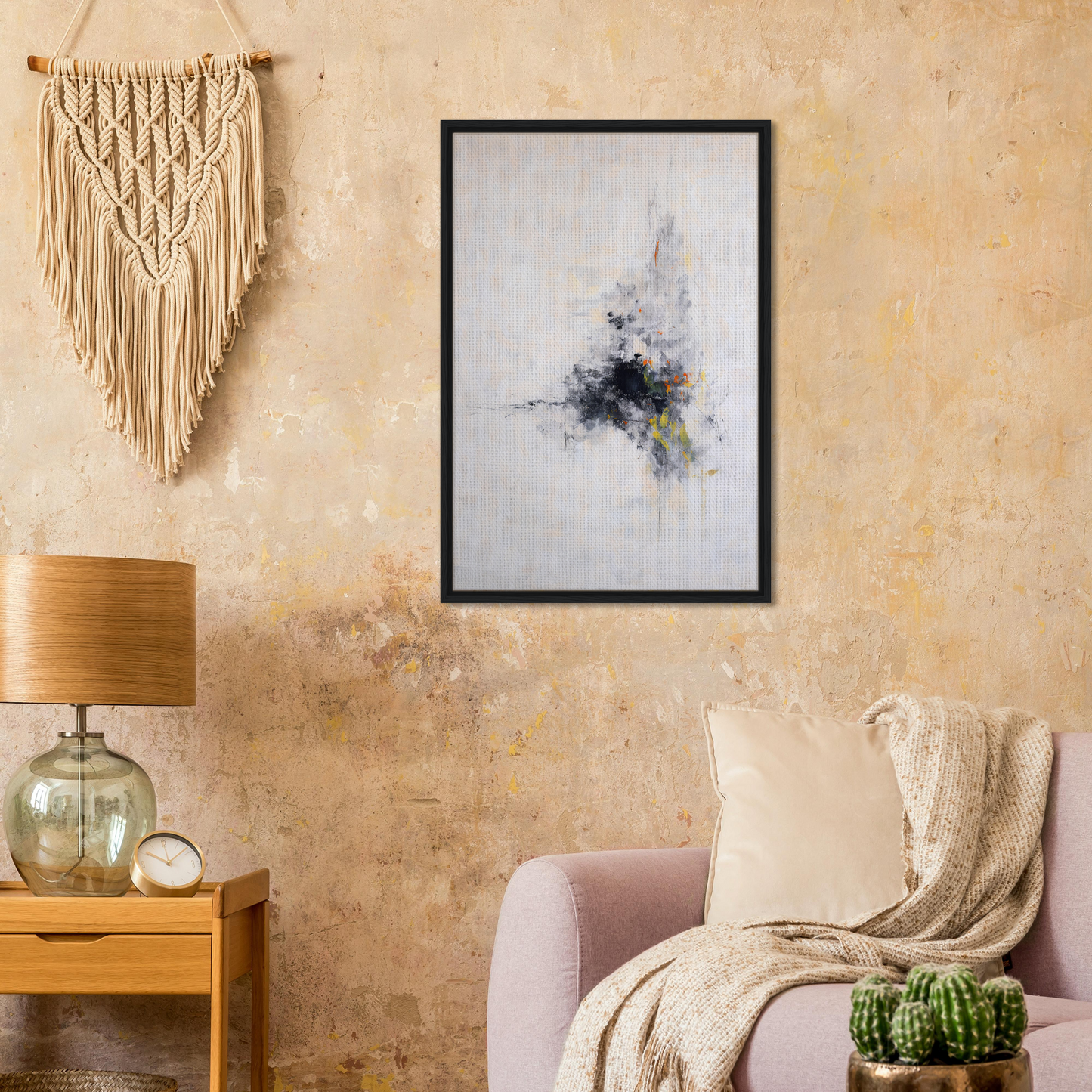 Framed abstract artwork, Cosmic Chaos Communion, enhances stylish room decor