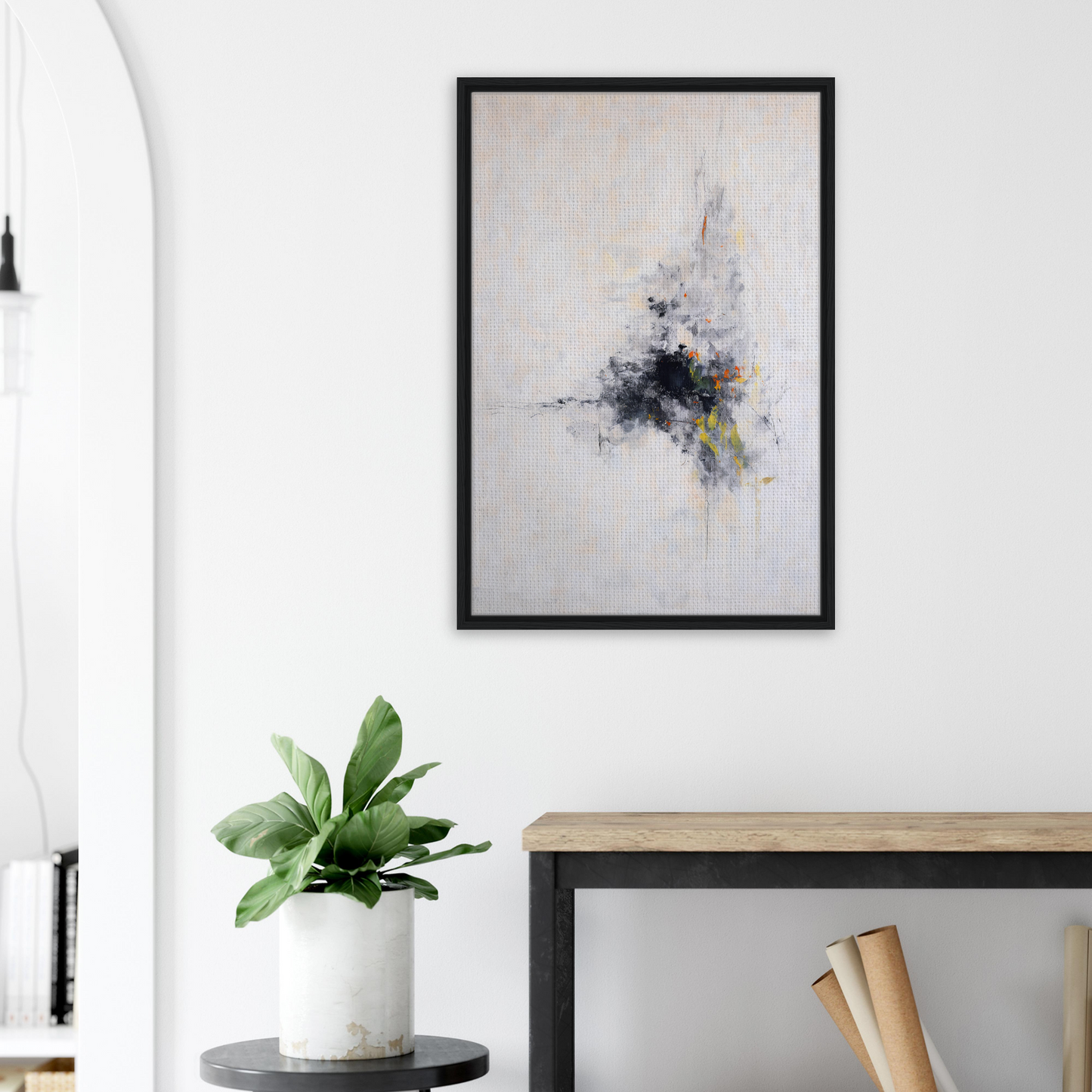Abstract painting in muted gray tones with color splashes, part of Cosmic Chaos Communion, framed canvas print