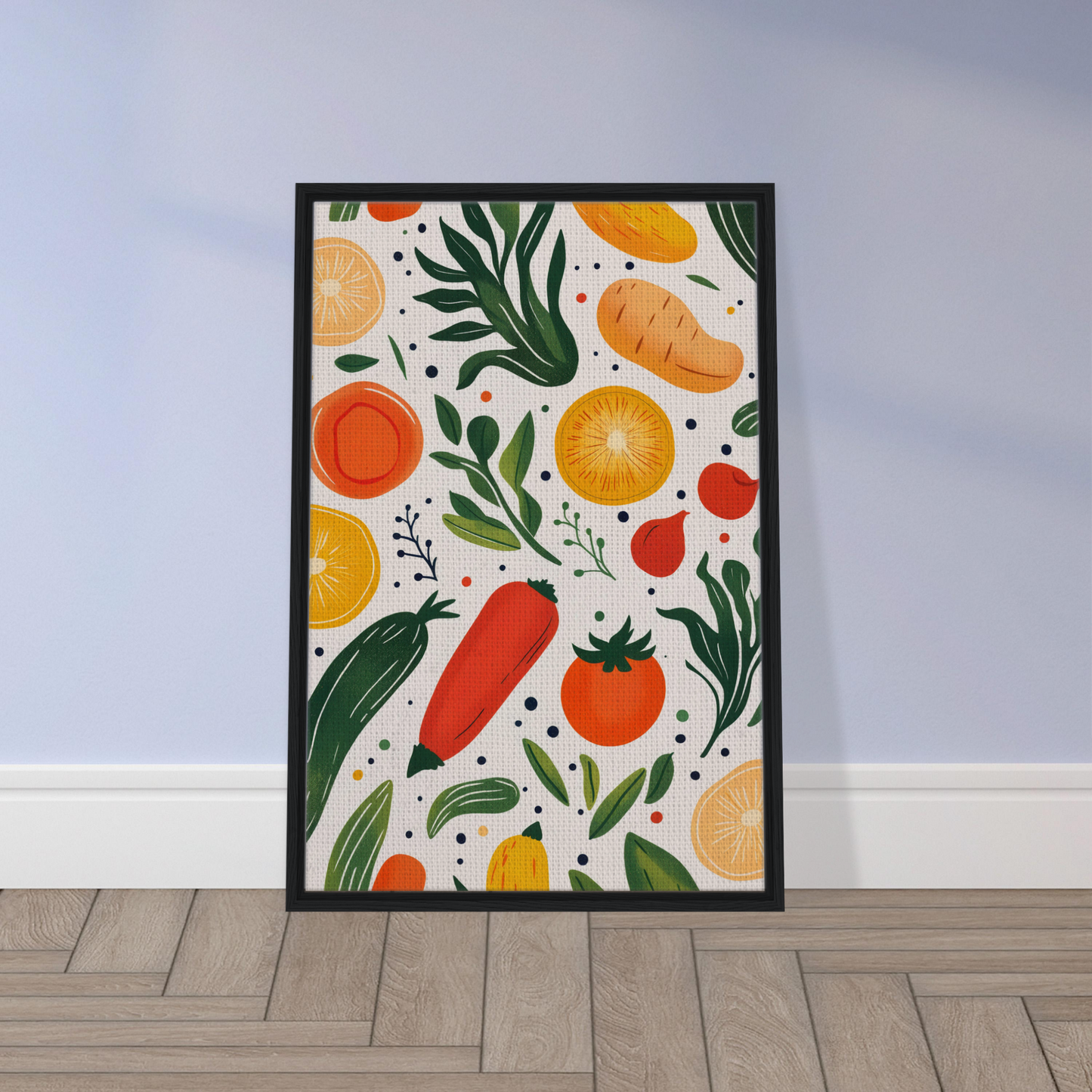 Framed artwork of colorful fruits and vegetables from Cosmic Produce Symphony collection