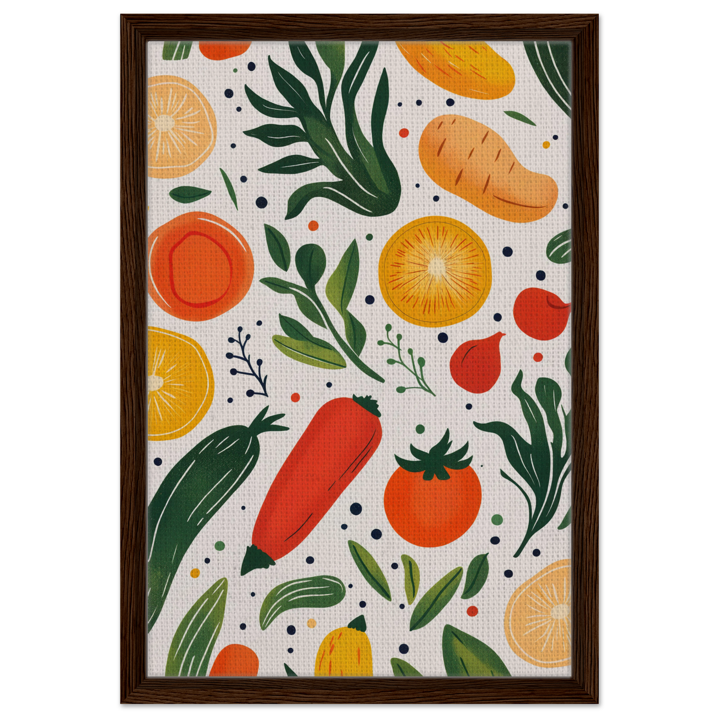 Colorful illustration of fruits and vegetables in Cosmic Produce Symphony design