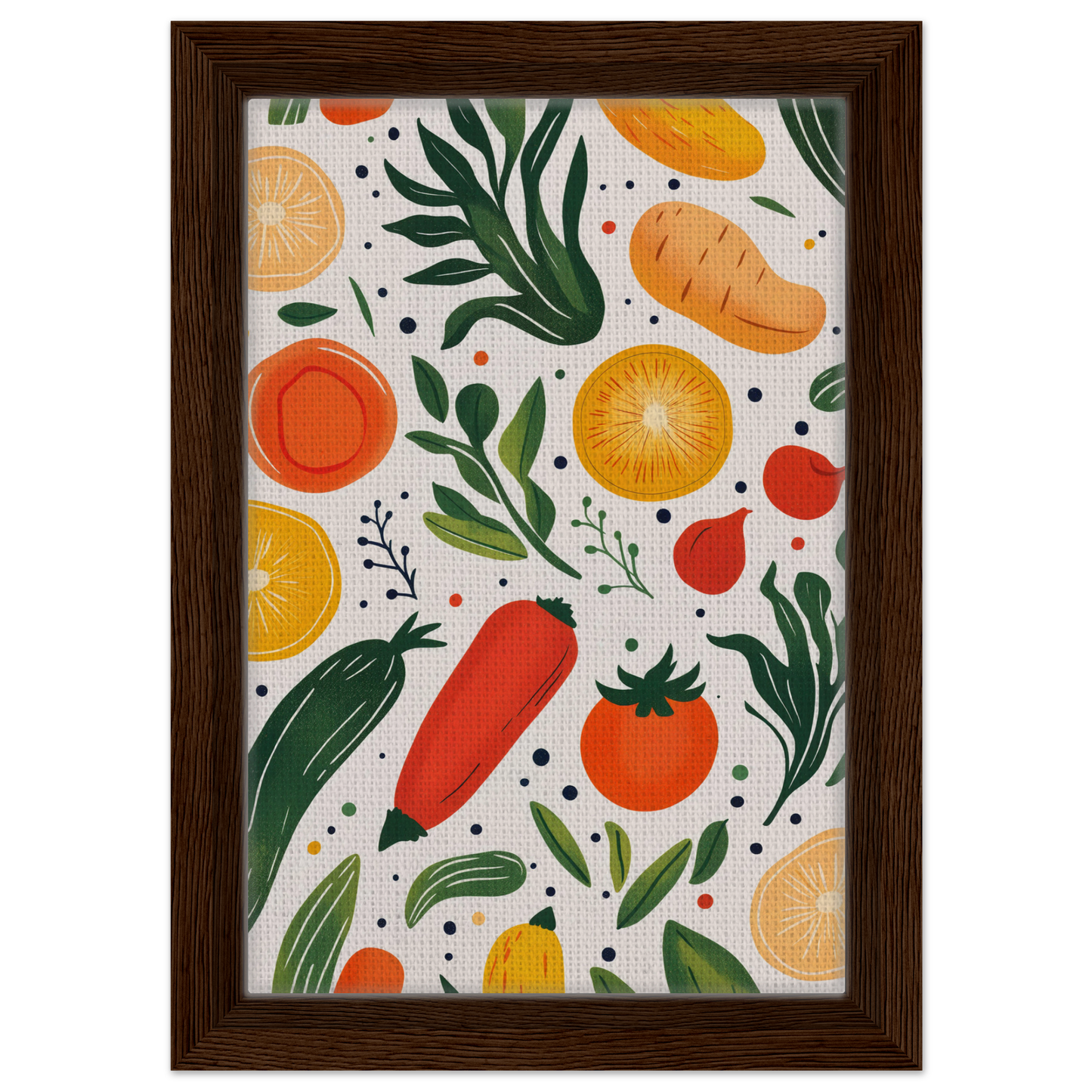 Colorful illustration of fruits and vegetables for Cosmic Produce Symphony canvas art