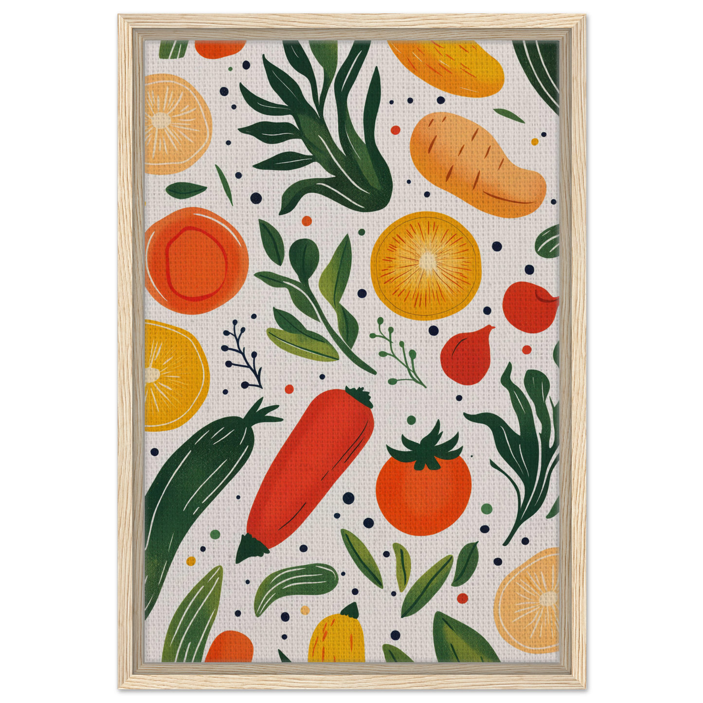 Colorful illustration of fruits and vegetables in Cosmic Produce Symphony design