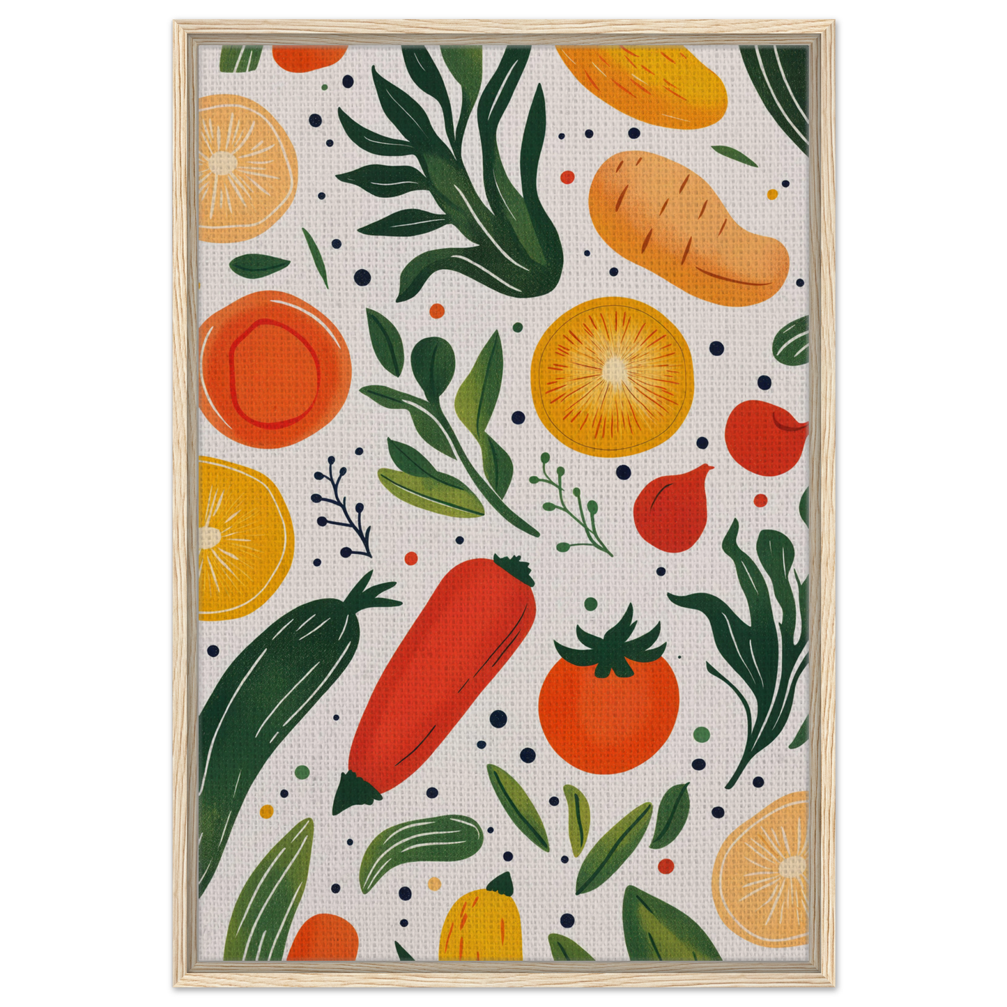 Colorful illustration of fruits and vegetables for Cosmic Produce Symphony canvas art