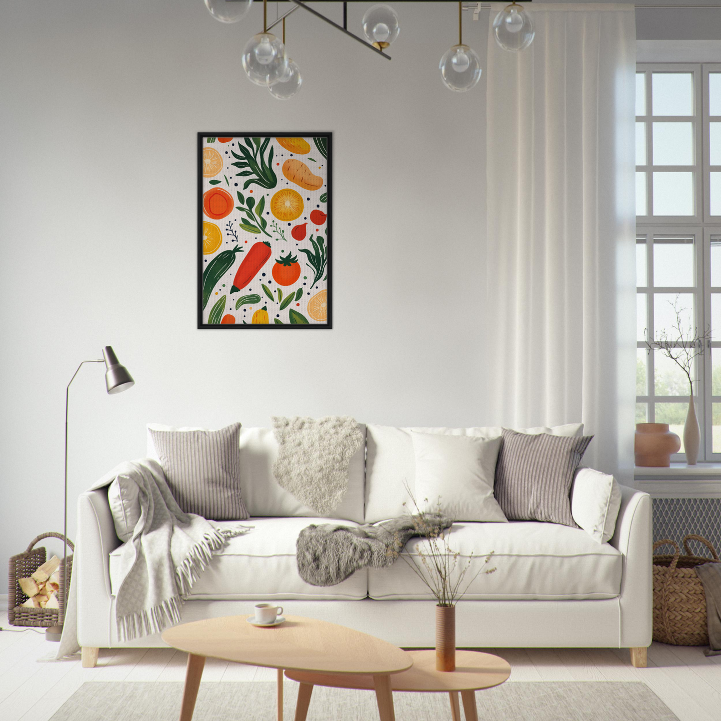 Colorful framed artwork of fruits and vegetables from Cosmic Produce Symphony