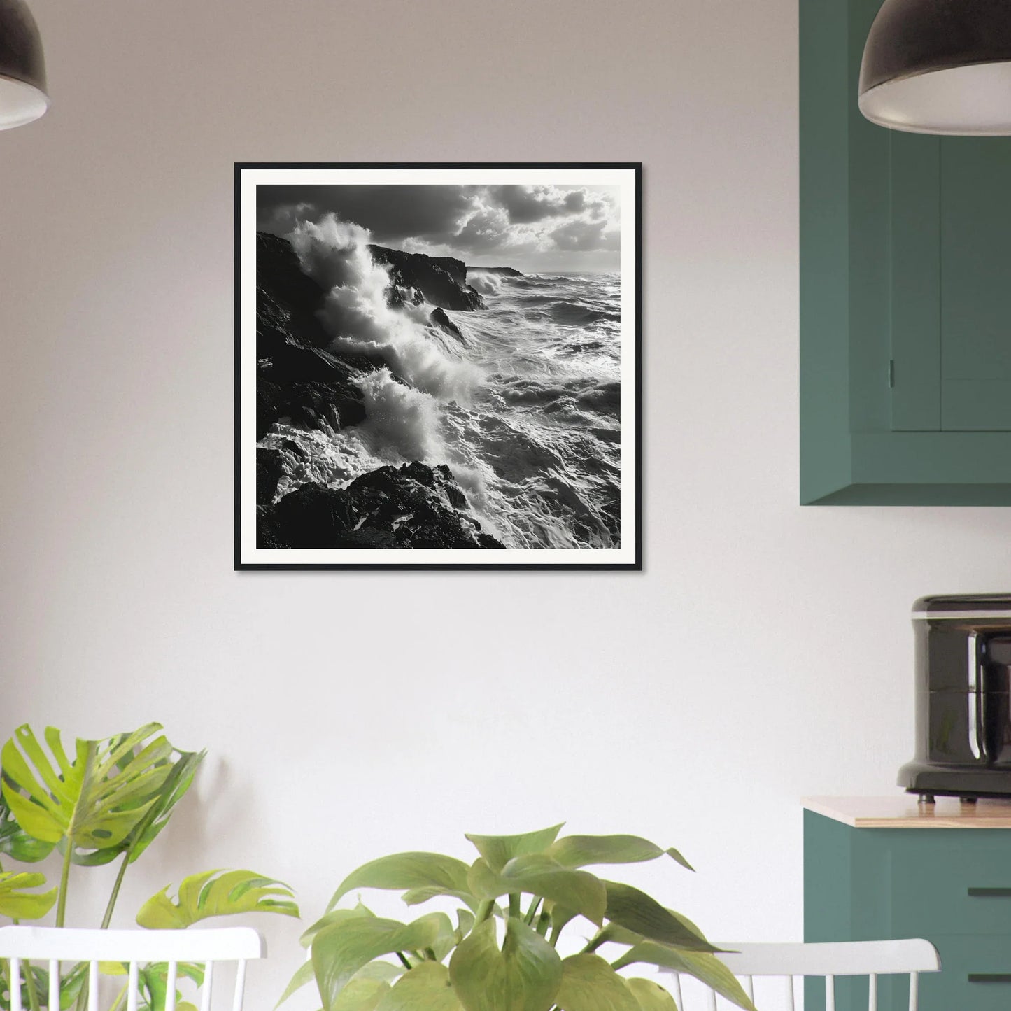 Black and white framed photo of dramatic ocean waves for Craggy Surf Duel art™