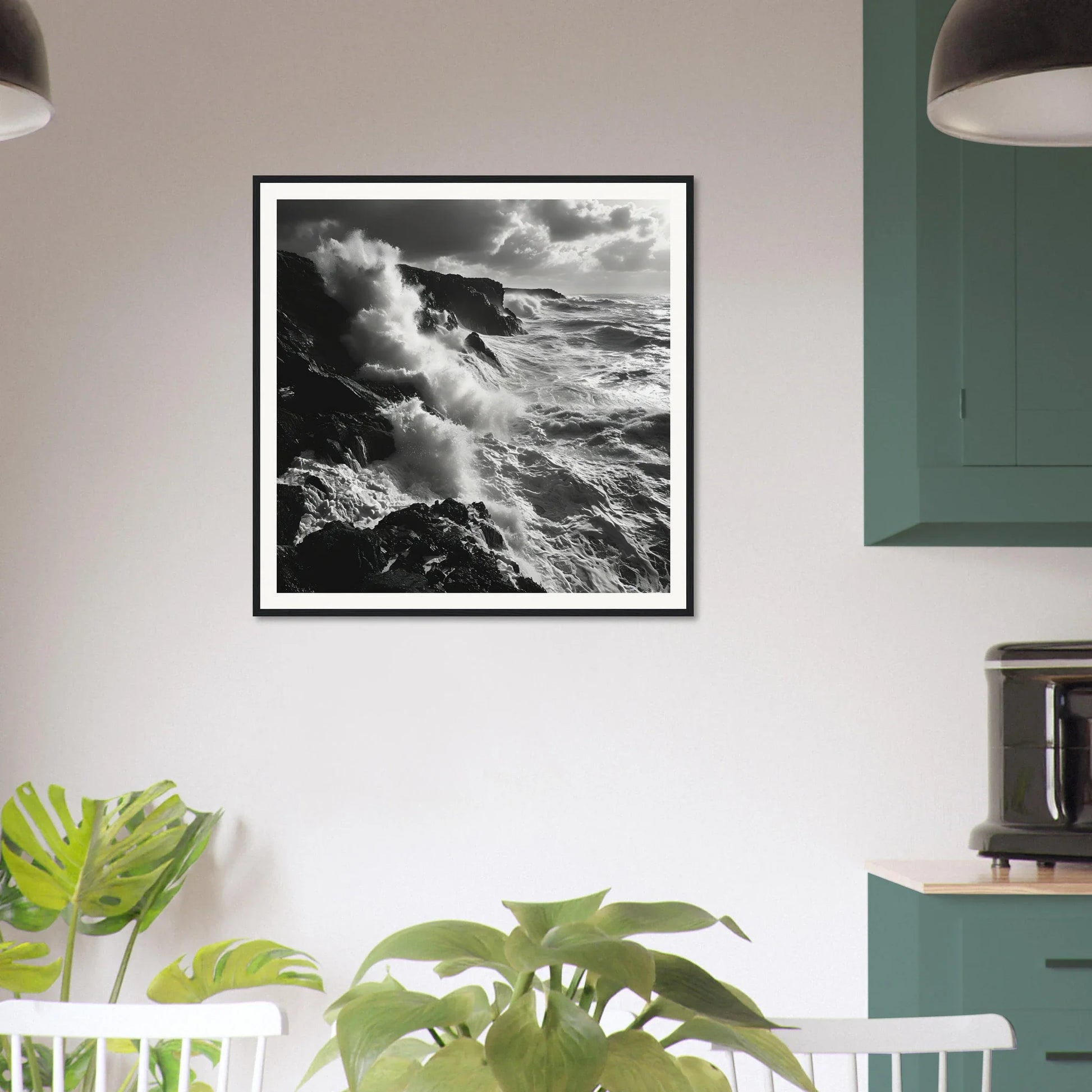 Black and white framed photo of dramatic ocean waves for Craggy Surf Duel art™