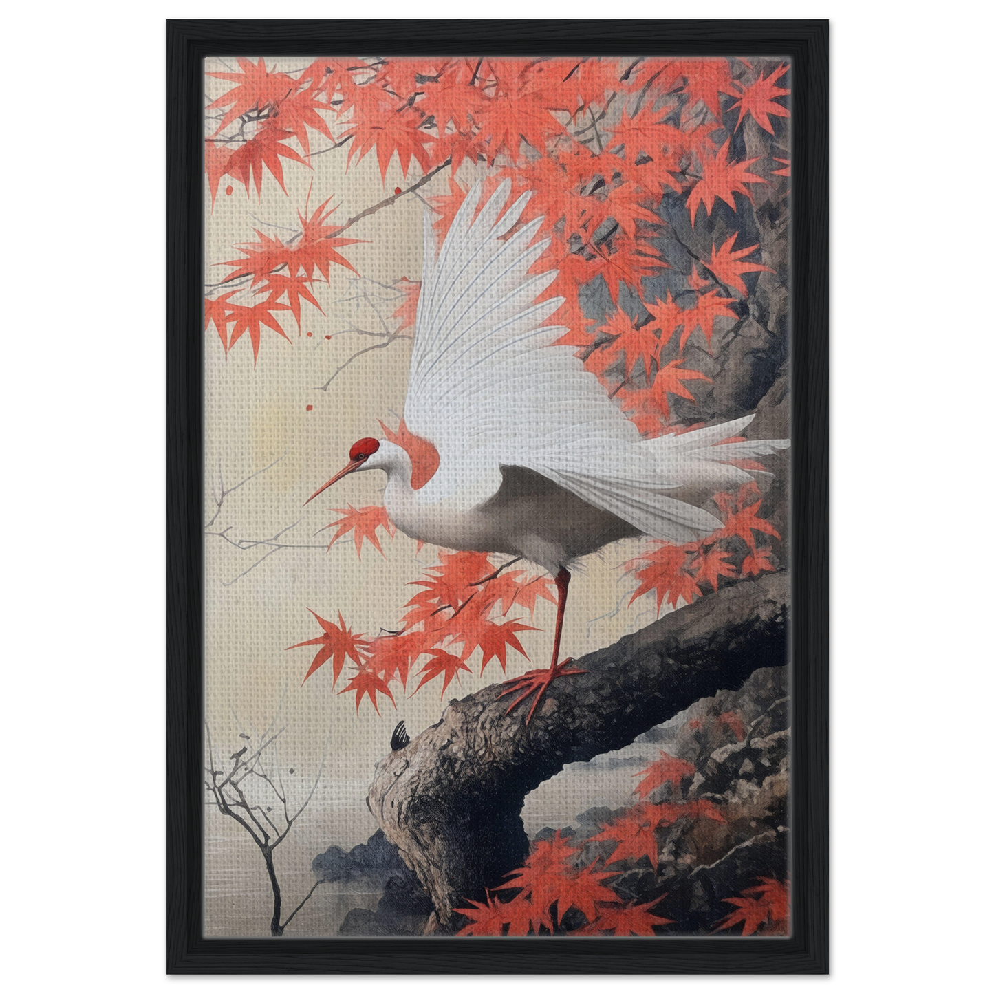White crane spreading wings on tree branch with red maple leaves in Crimson Crane Reverie