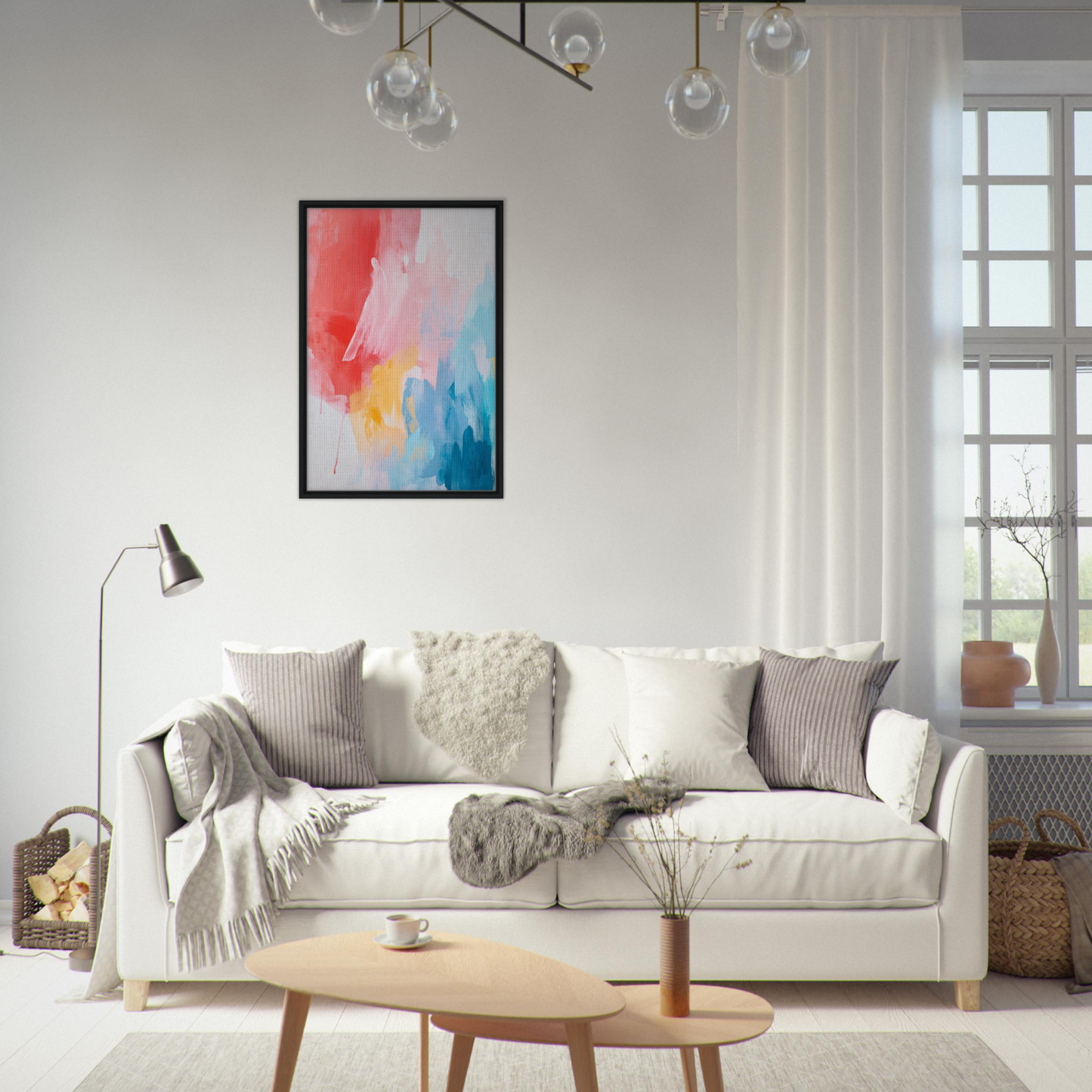 Elegant white sofa with throw pillows and blankets in Crimson Fusion Medley decor