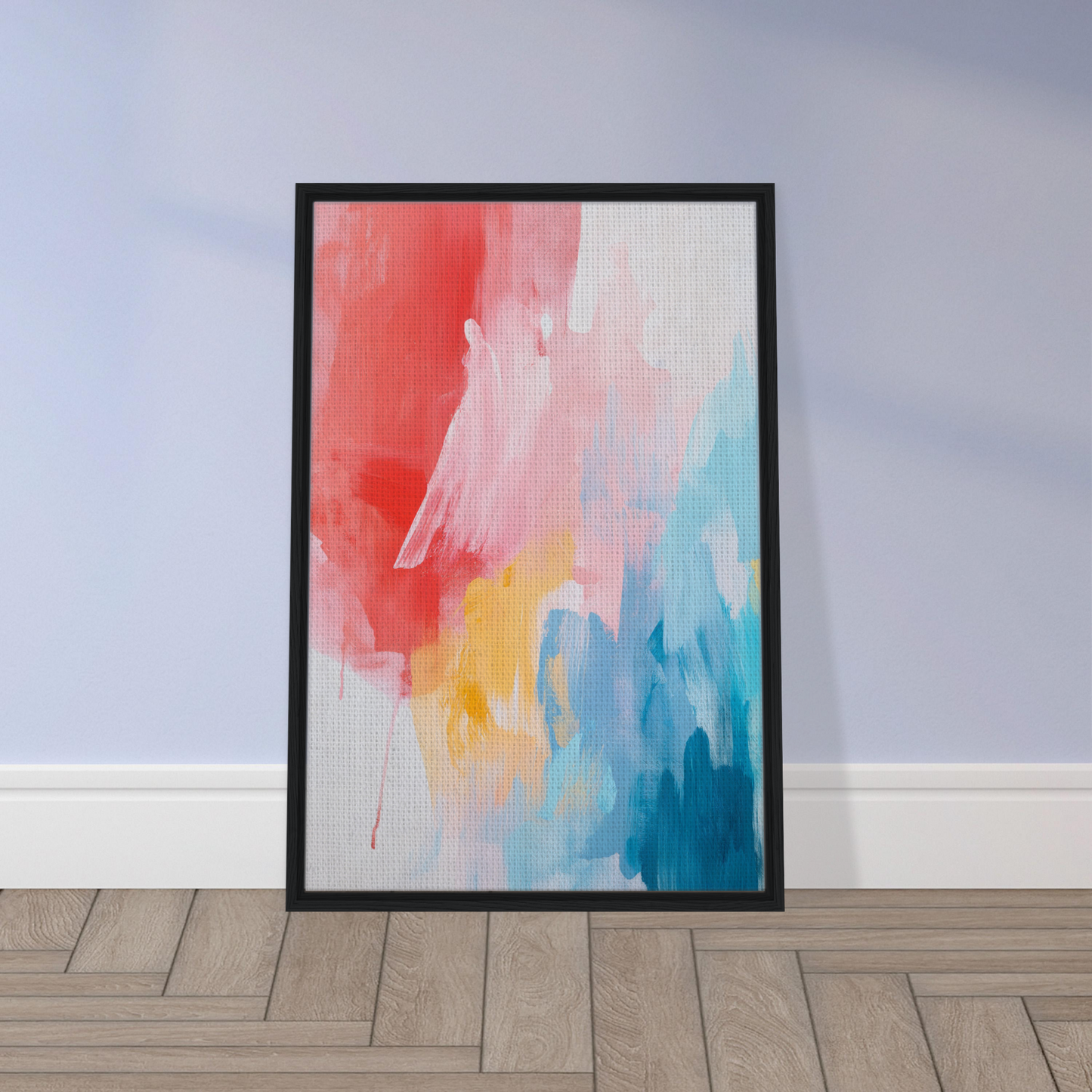 Framed canvas print of Crimson Fusion Medley with vibrant red, blue, and yellow brushstrokes