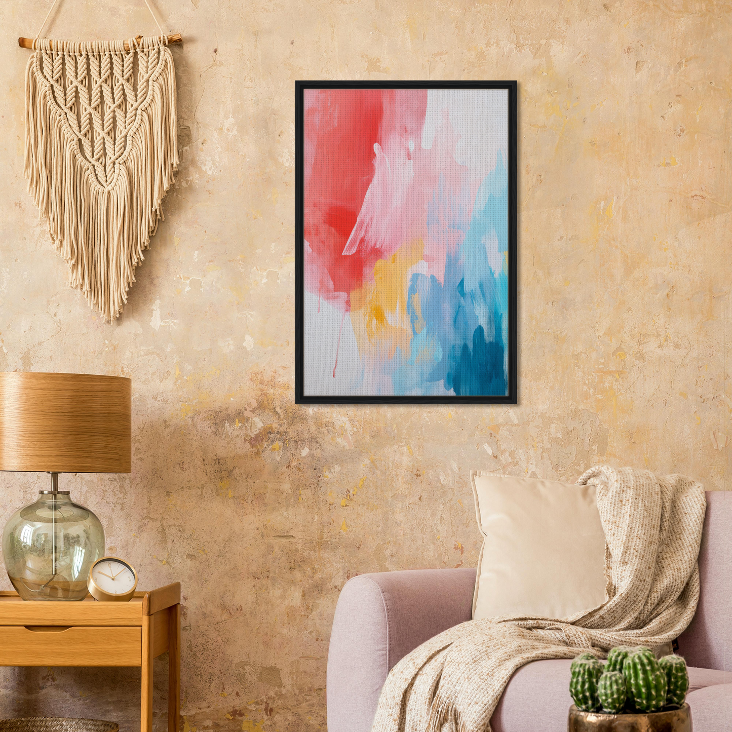 Colorful abstract painting in a black frame for the Crimson Fusion Medley collection