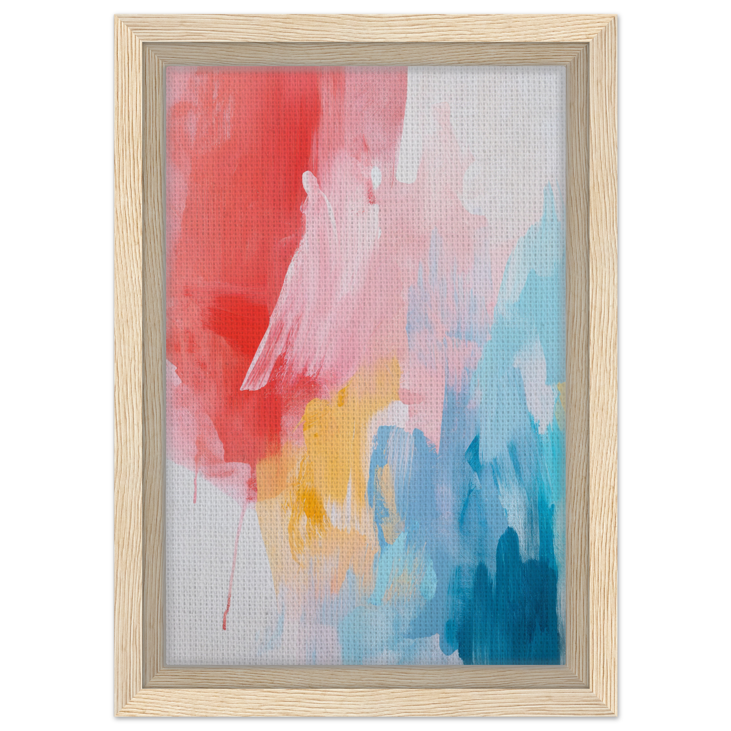 Abstract painting in vibrant colors within a Crimson Fusion Medley framed canvas wall decor
