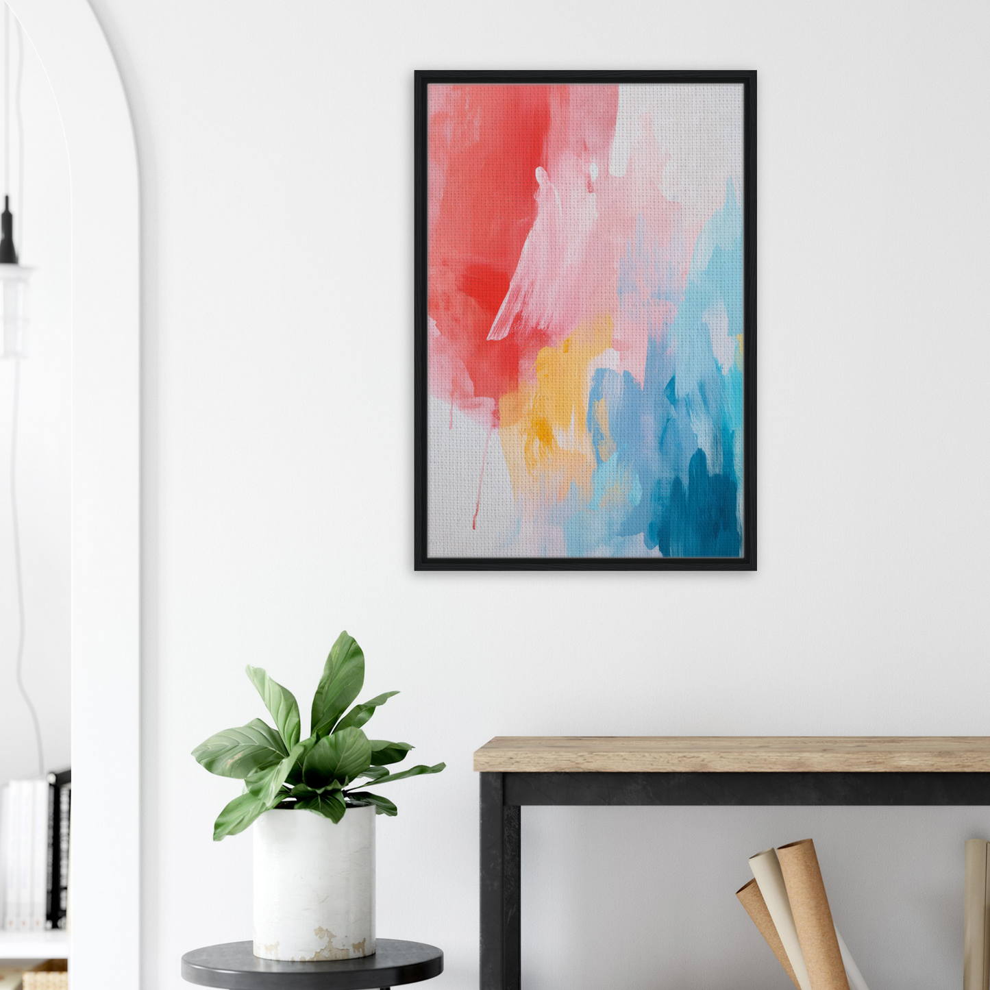 Abstract painting titled Crimson Fusion Medley in vibrant colors, framed canvas wall art