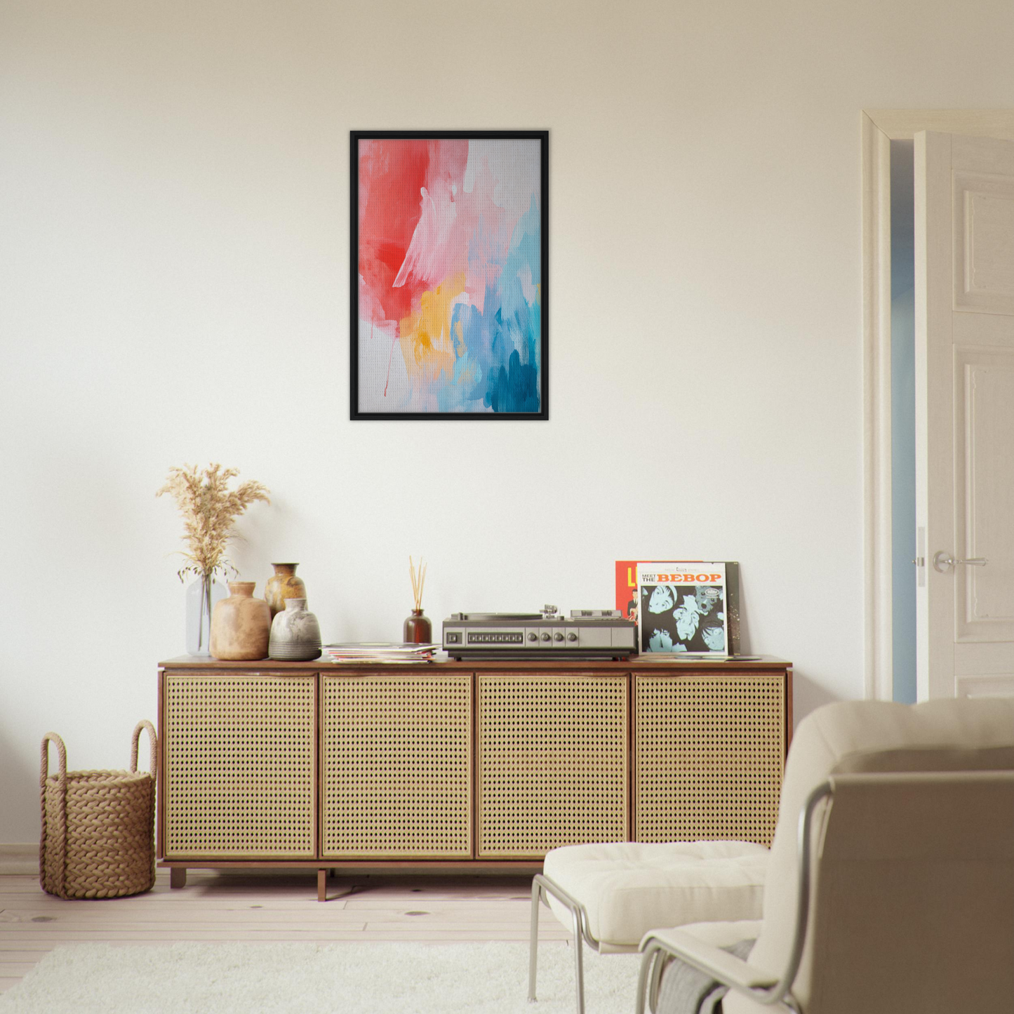 Wooden sideboard with cane-webbed doors, enhancing Crimson Fusion Medley room decor