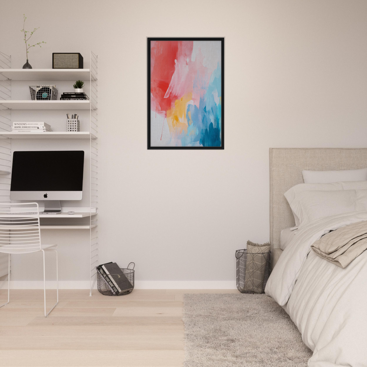 Colorful abstract painting in black frame on white wall showcasing Crimson Fusion Medley