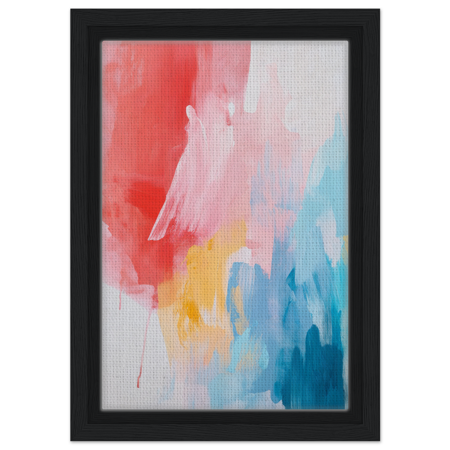 Abstract painting in vibrant red, yellow, and blue for Crimson Fusion Medley framed canvas print