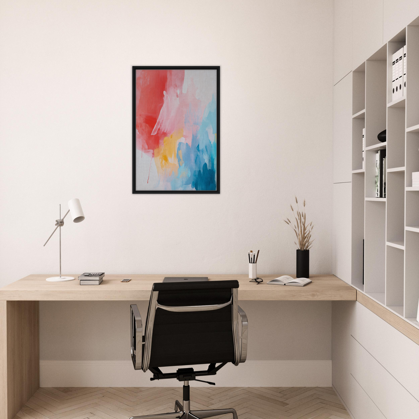 Minimalist home office featuring Crimson Fusion Medley framed canvas print and workspace