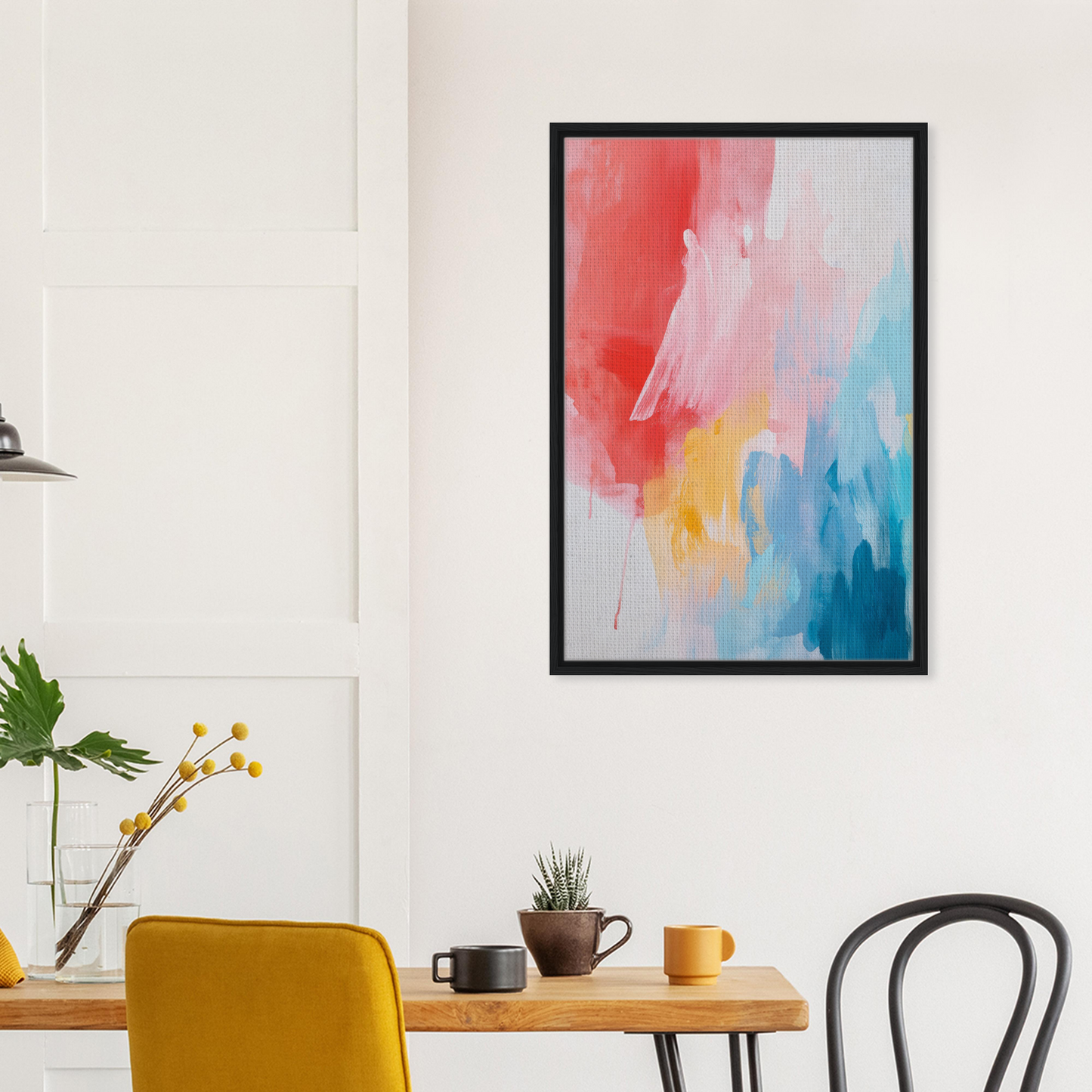 Colorful abstract painting in black frame showcasing Crimson Fusion Medley on white wall