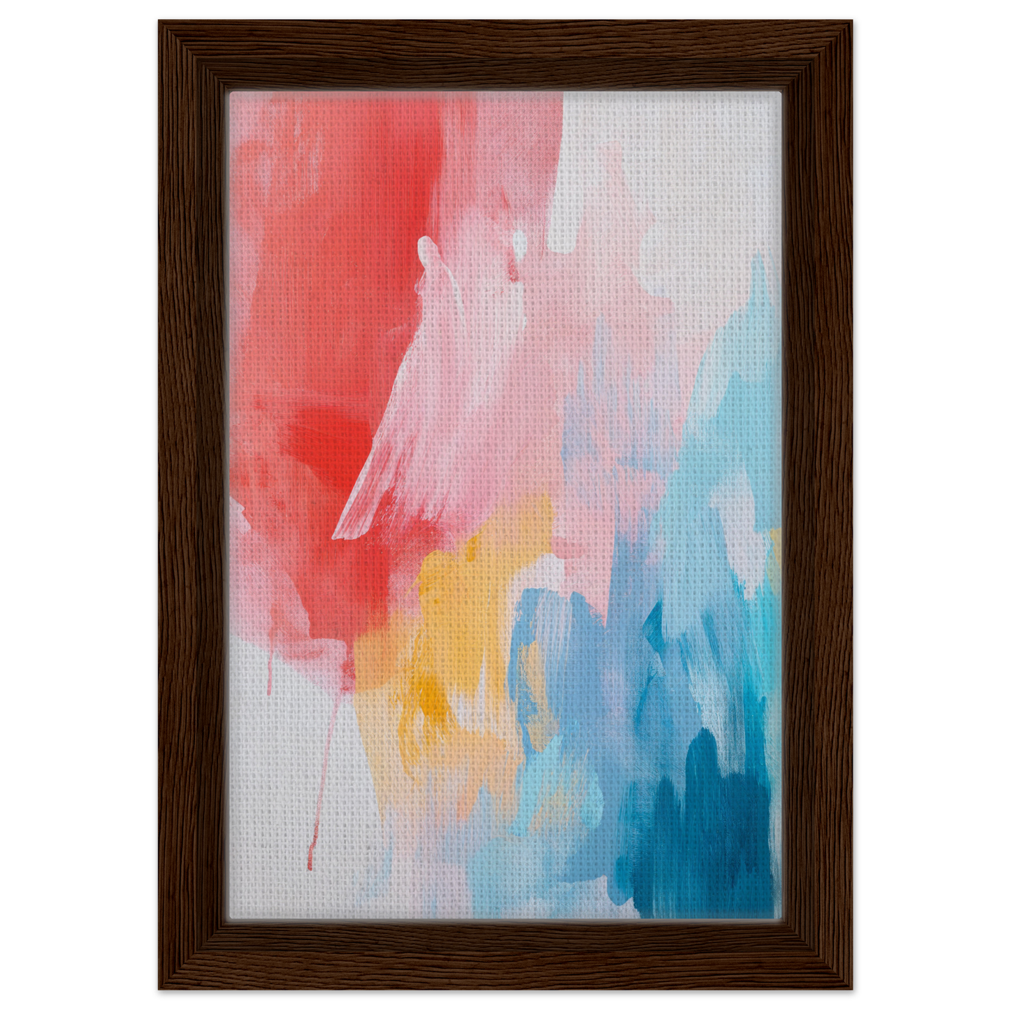 Abstract painting in vibrant red, yellow, and blue, framed canvas print Crimson Fusion Medley