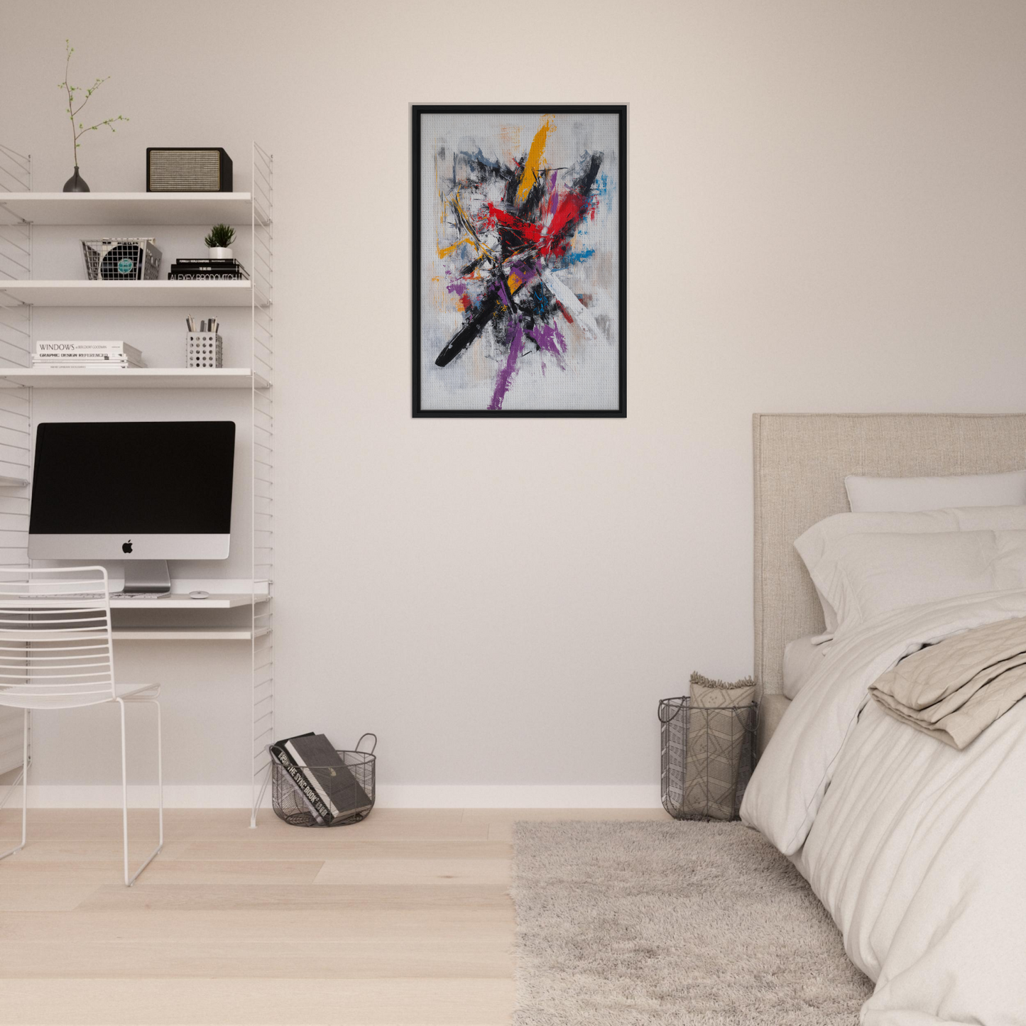 Vibrant abstract painting, Crimson Undulations, in a black frame, available as framed canvas print