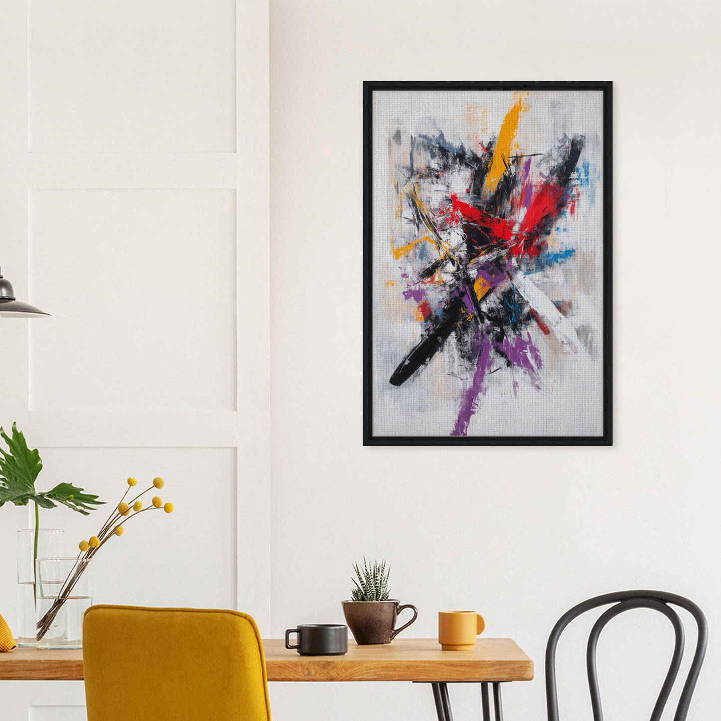 Vibrant abstract painting in a black frame showcasing Crimson Undulations, perfect for Shopify Planet