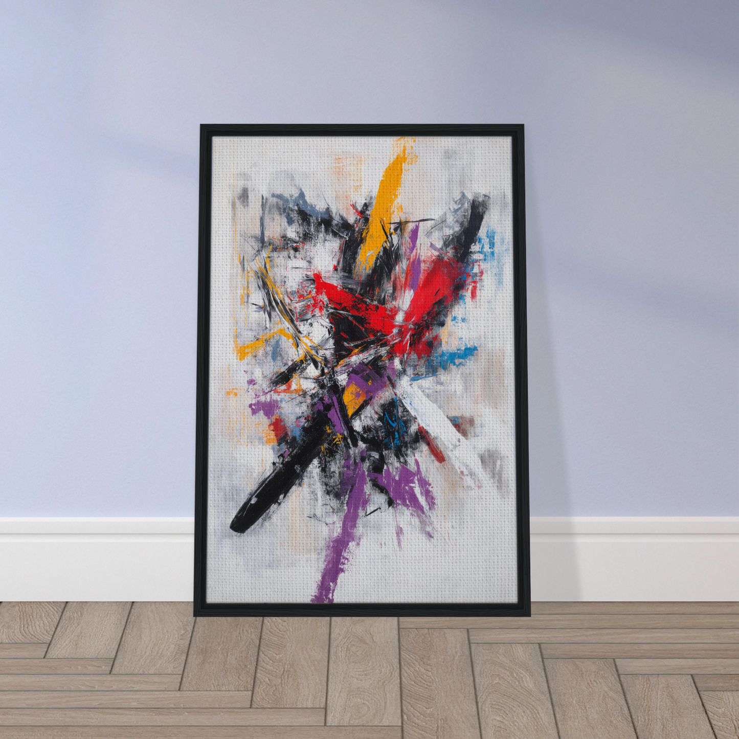 Abstract painting entitled Crimson Undulations Churn in a black frame, framed canvas print