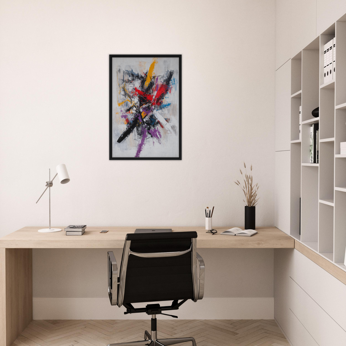 Modern home office with Crimson Undulations art, minimalist desk, and stylish decor