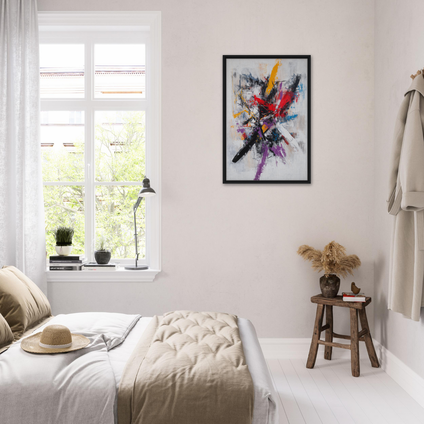 Framed canvas print of Crimson Undulations with vibrant brushstrokes in a black frame