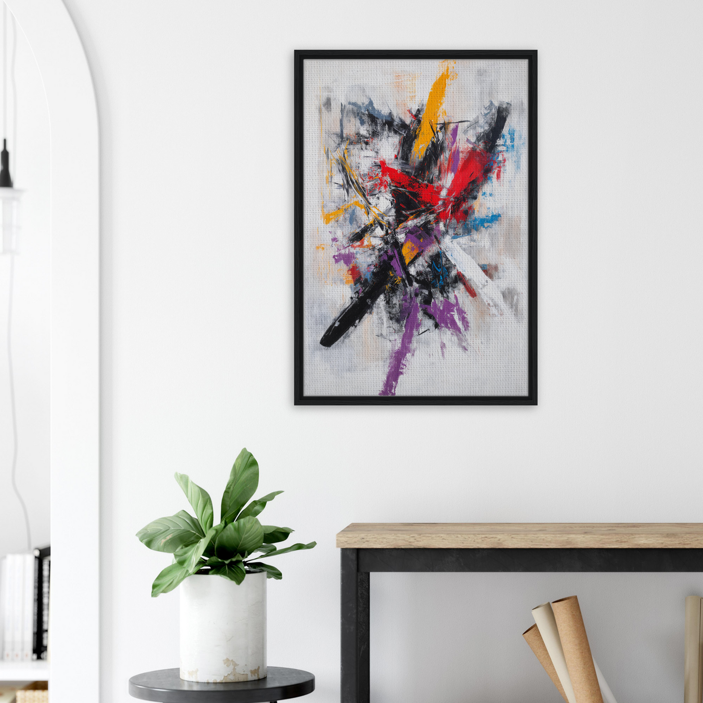 Abstract painting titled Crimson Undulations Churn in a black frame for stylish room decor