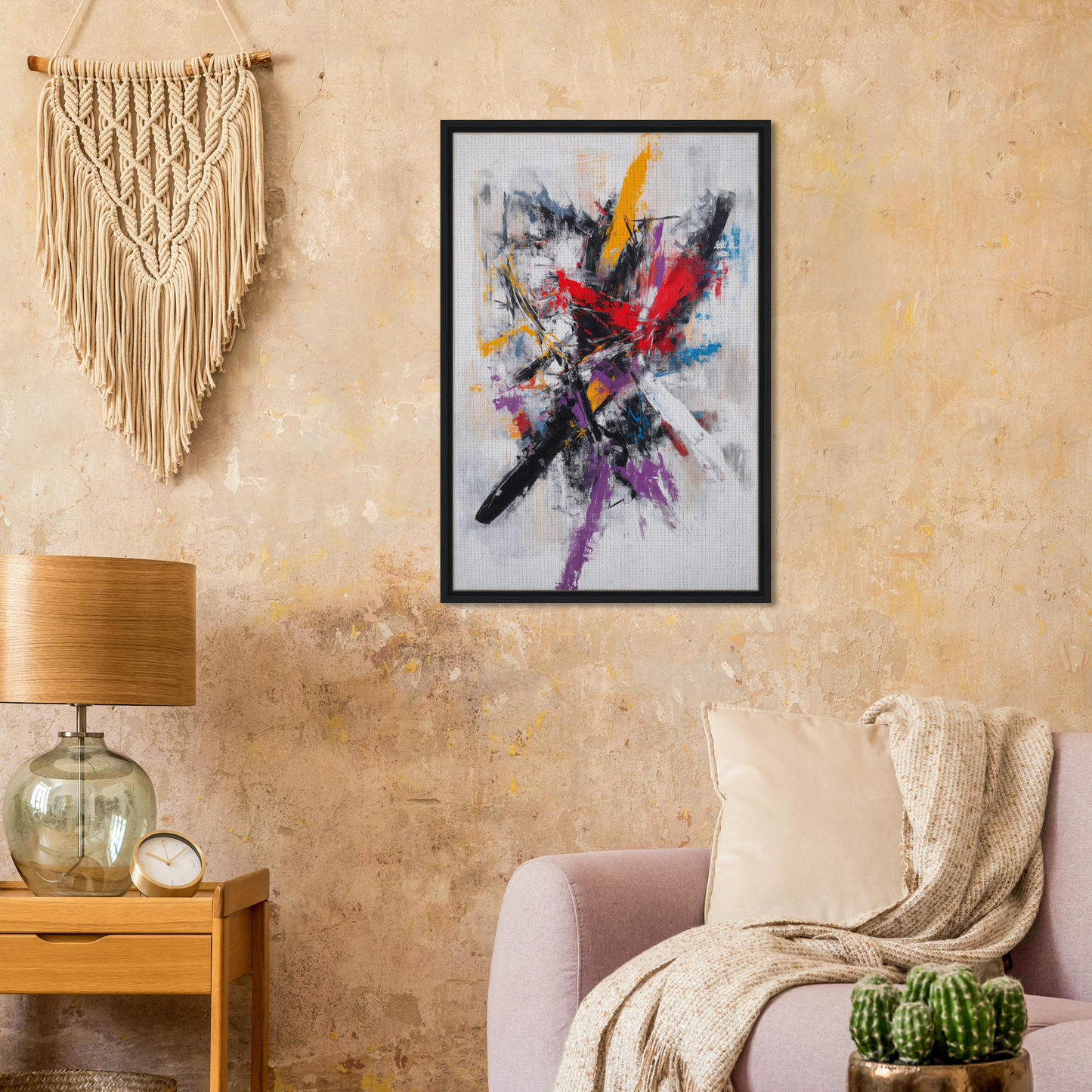 Framed canvas print of Crimson Undulations Churn with vibrant color splashes