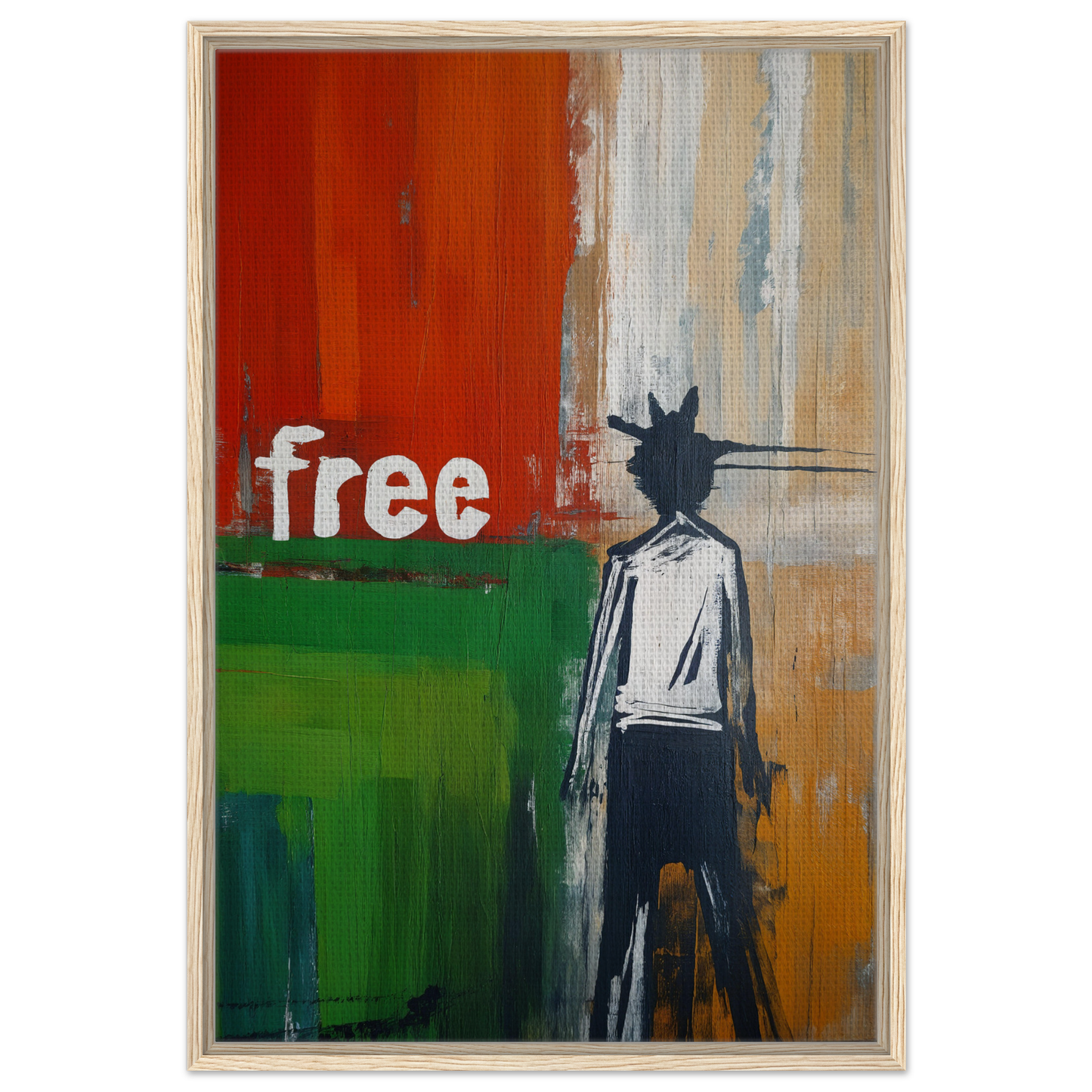 Abstract painting of a silhouetted figure with free text in Crowned Specters Liberate design