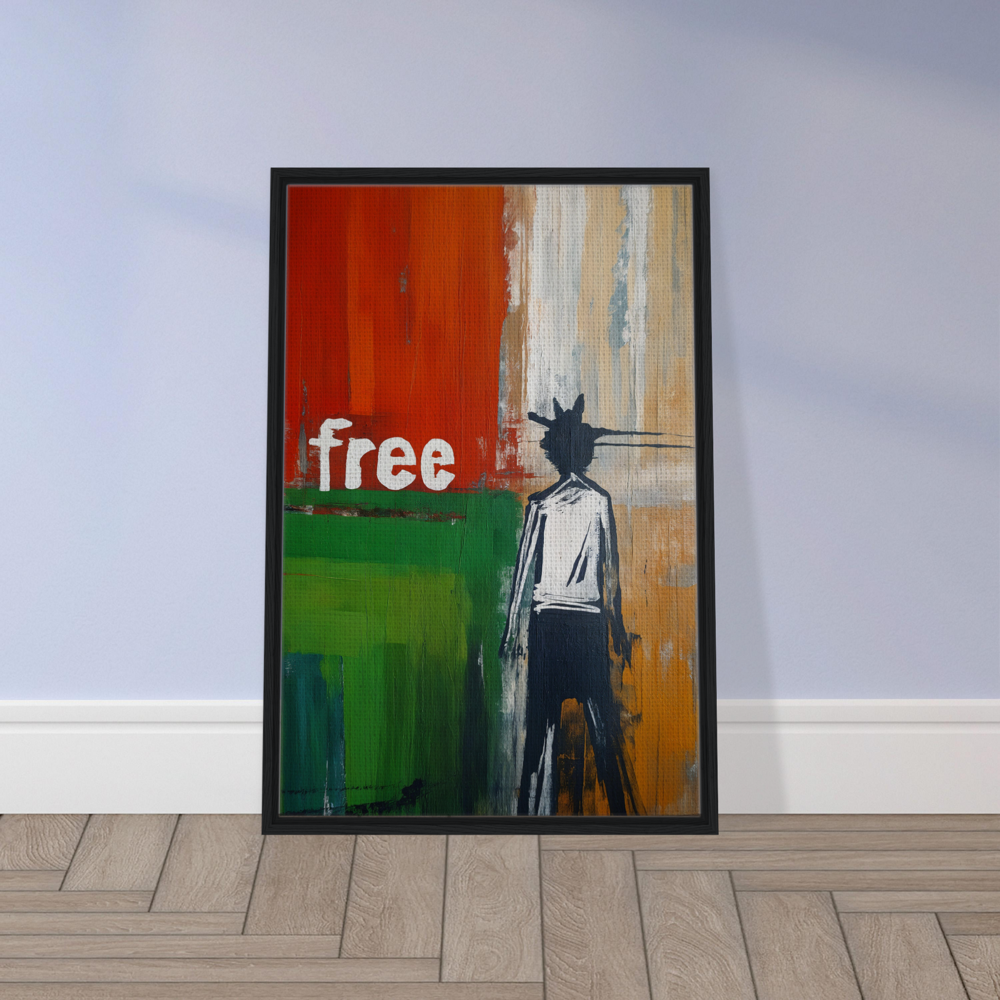 Framed canvas print of crowned specters liberate featuring a silhouetted figure and bold free