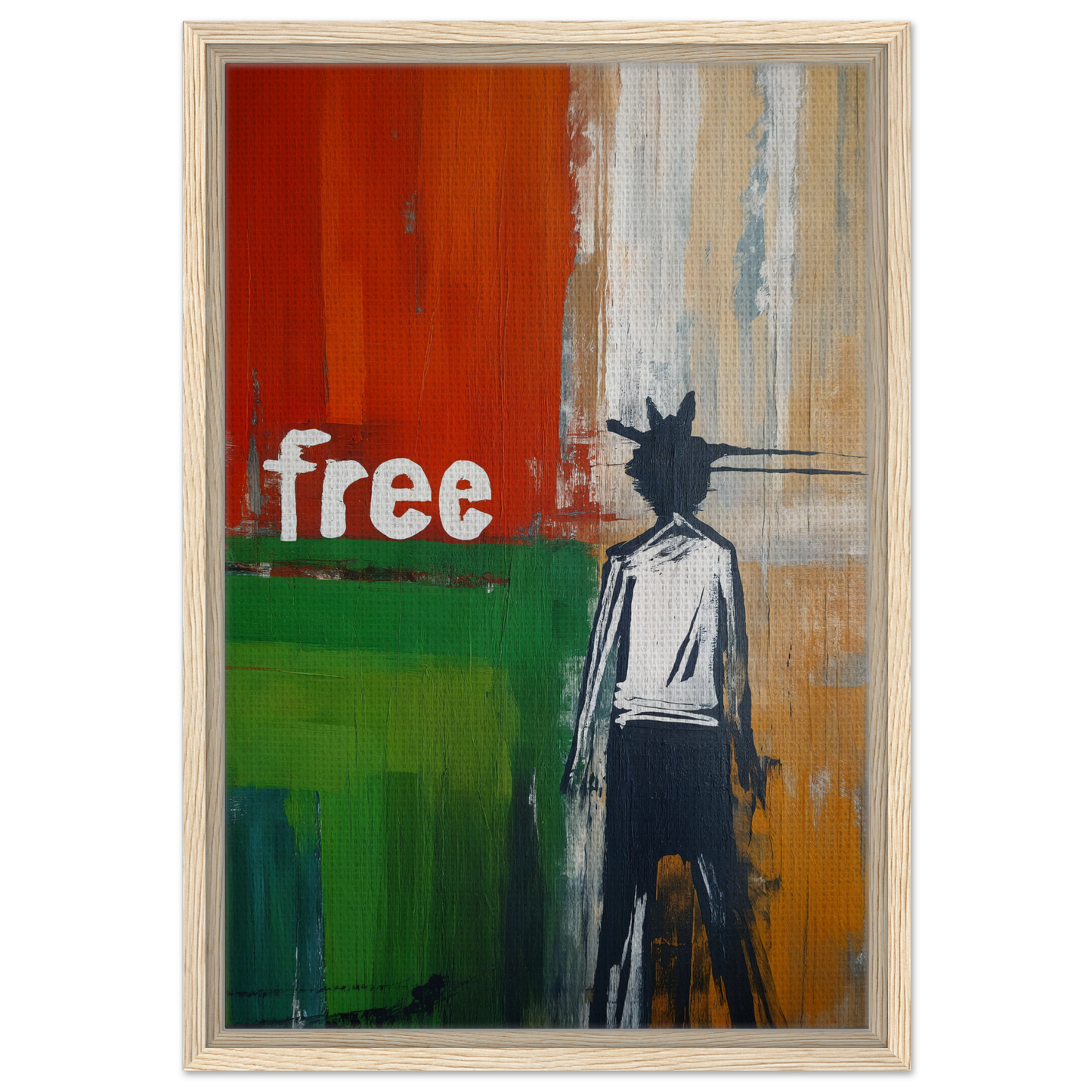 Painting of a silhouetted figure with spiky head against colorful backdrop, Crowned Specters Liberate