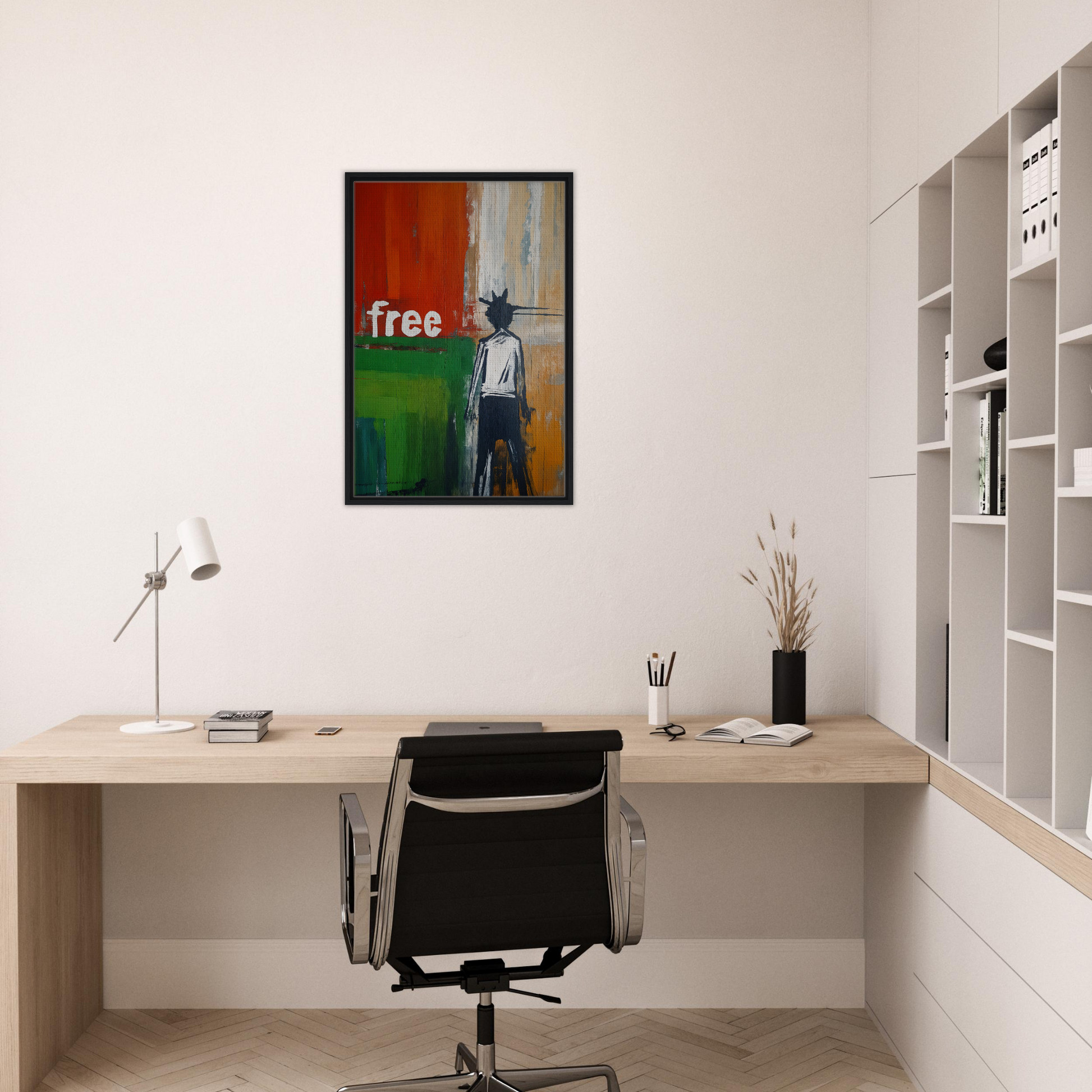 Minimalist home office featuring Crowned Specters Liberate wall art for stylish room decor