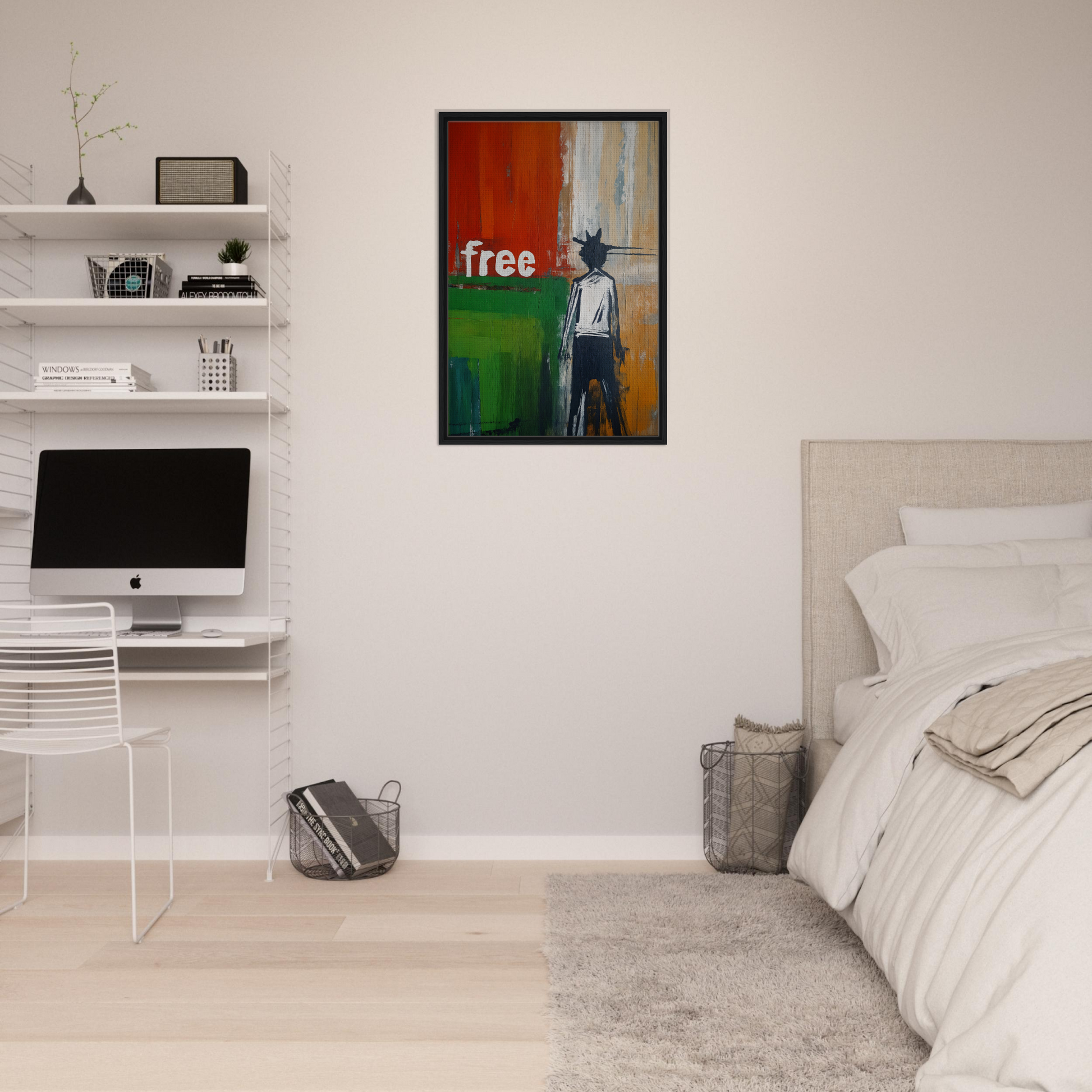 Abstract painting of a silhouetted figure with the word free in Crowned Specters Liberate decor