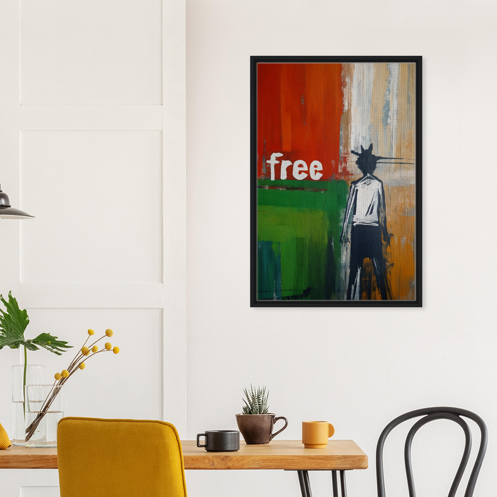 Framed abstract painting of silhouetted figure with free text in Crowned Specters Liberate