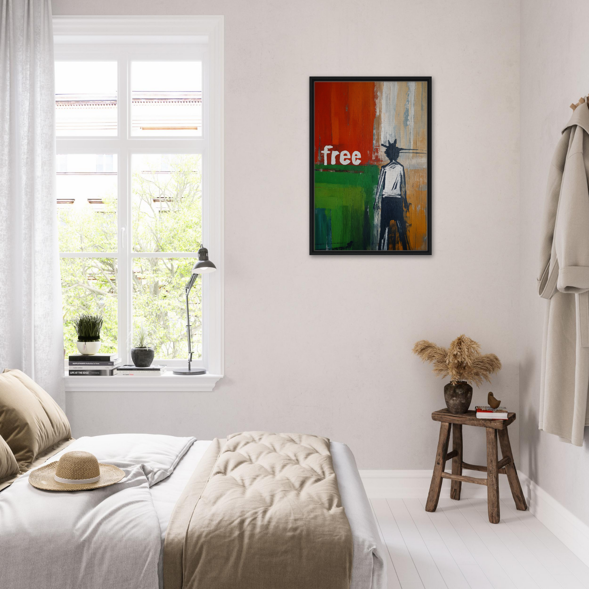 Bright airy bedroom with white decor highlighting Specters Liberate framed artwork