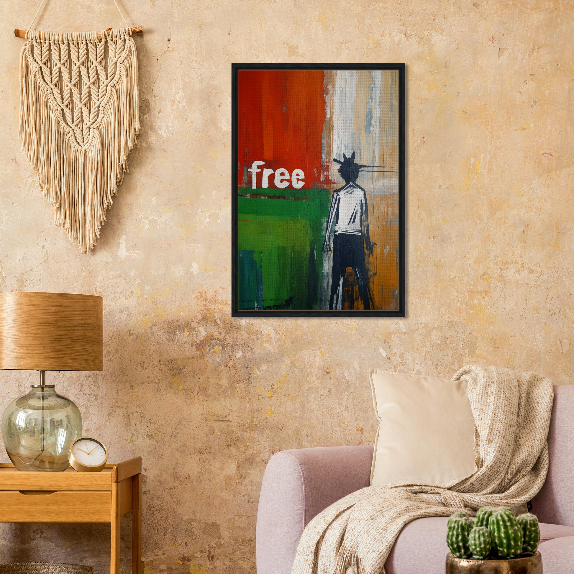Framed abstract painting of a figure writing free in Crowned Specters Liberate