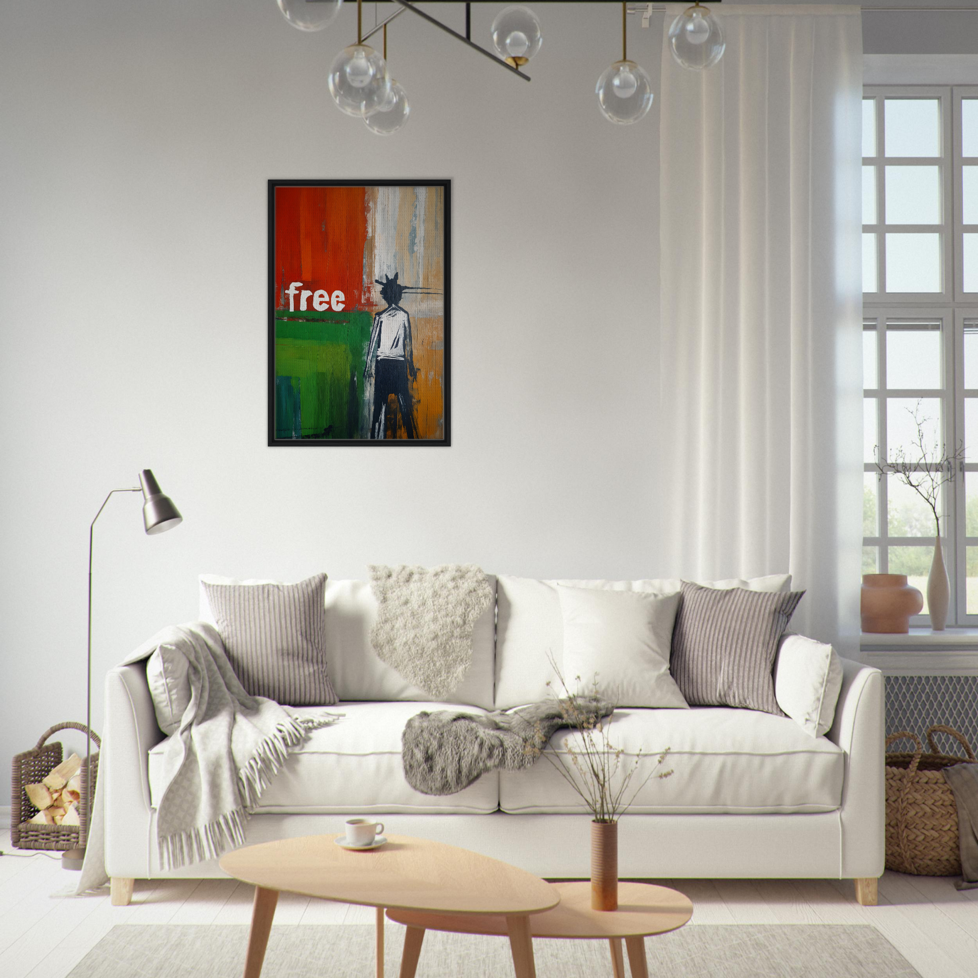 White sofa adorned with throw pillows and blankets, enhancing the Crowned Specters Liberate style