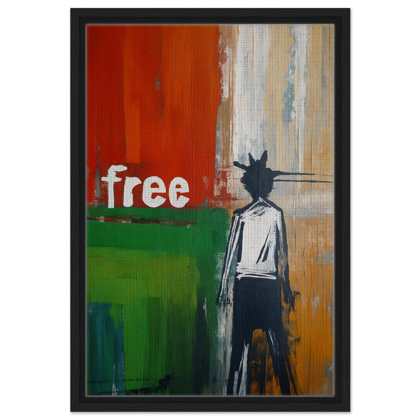 Abstract painting of a spiky-headed figure with the word free, part of Crowned Specters Liberate