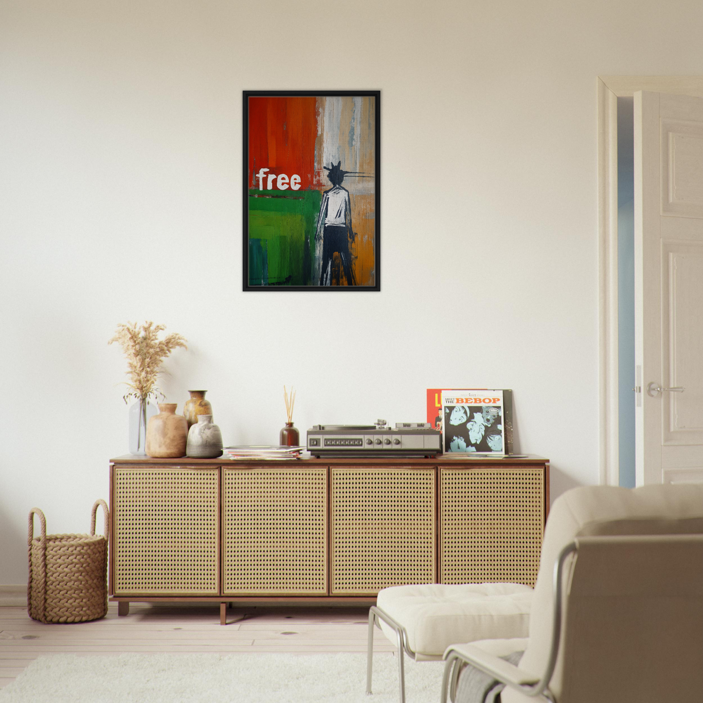Wooden sideboard with rattan-style doors and decor, featured in Crowned Specters Liberate
