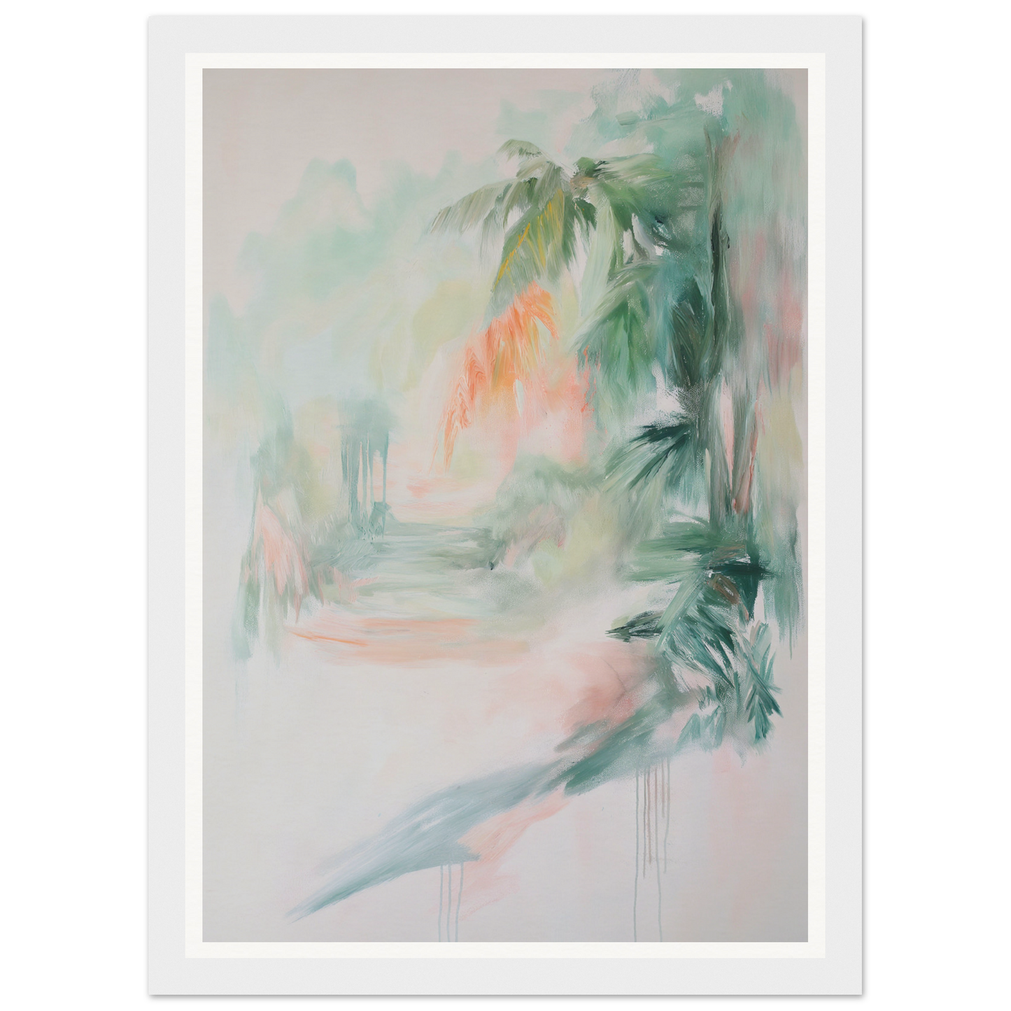 Framed wall art featuring abstract painting with blurred greenery and peach tones.