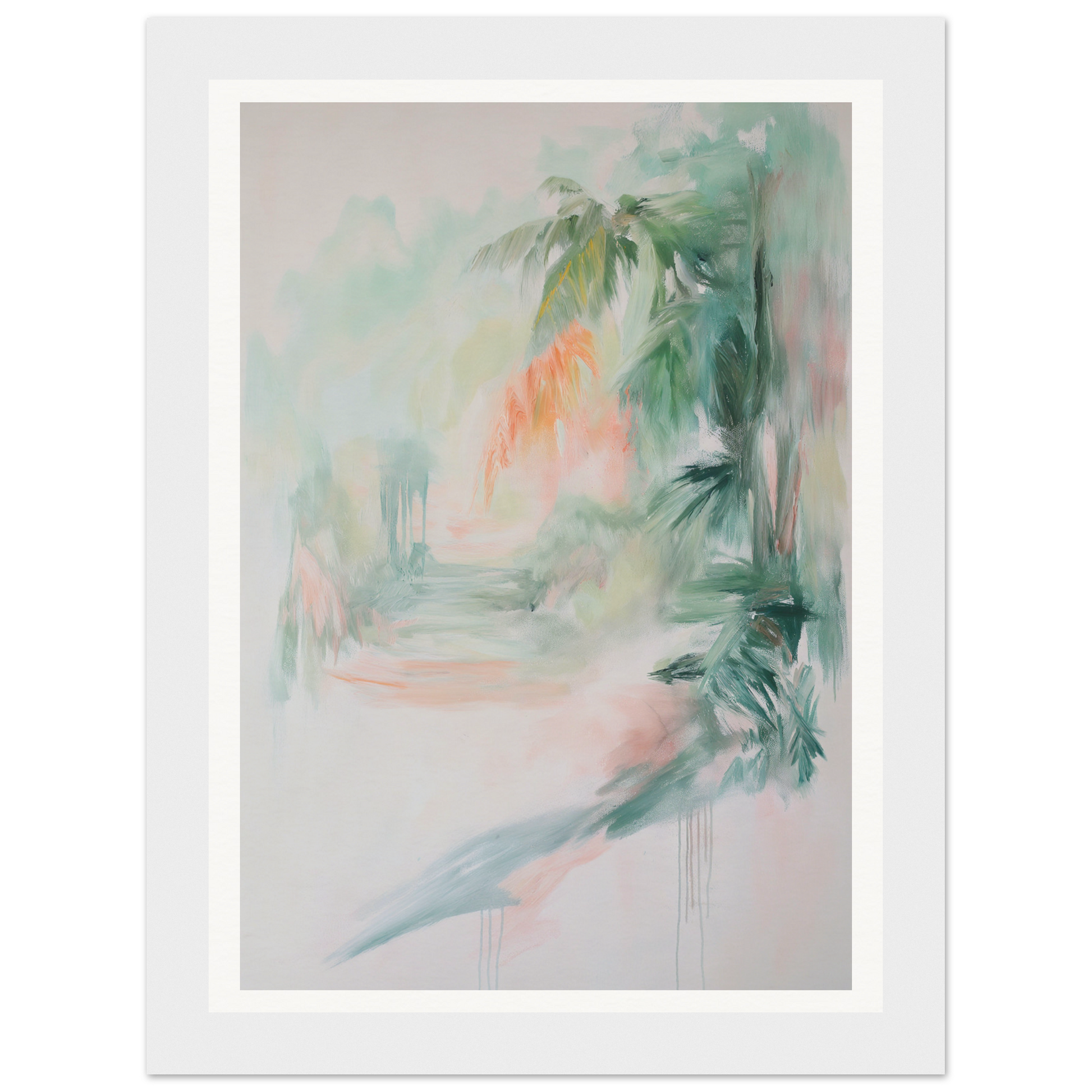 Framed abstract painting with soft, pastel greenery tones, perfect for interior design.