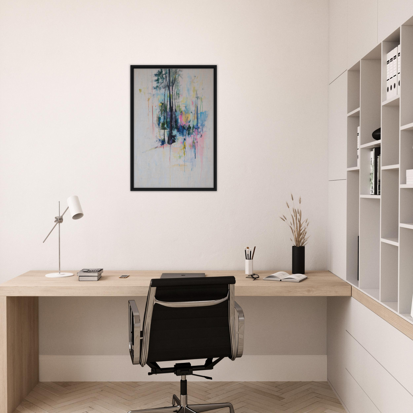 Minimalist home office with wooden desk, black chair, and Dancing Quiet Spring wall art