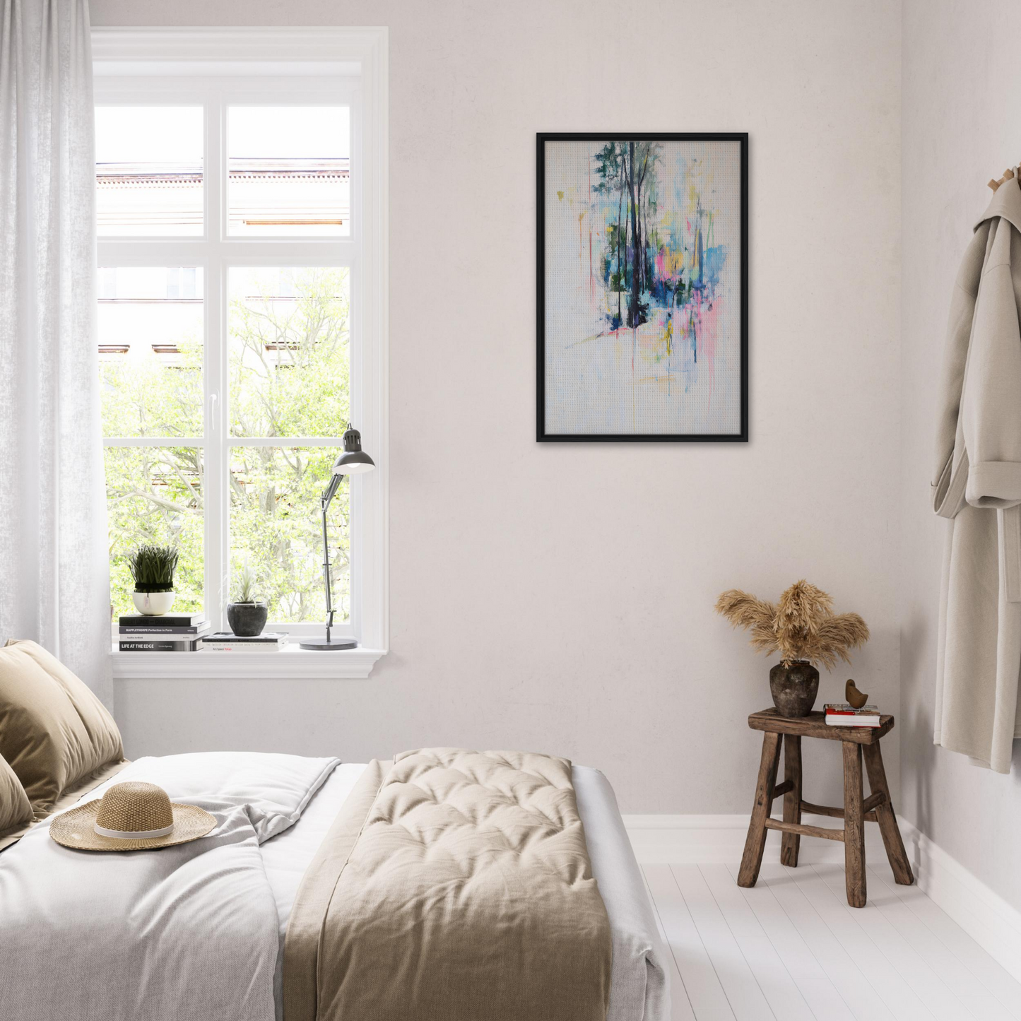 Bright, airy bedroom with minimalist decor featuring Dancing Quiet Spring framed canvas
