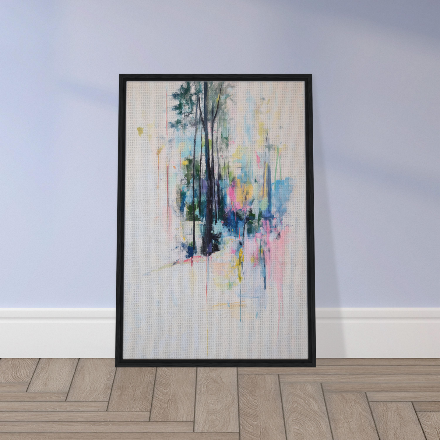 Framed canvas print of Dancing Quiet Spring with muted vertical brushstrokes