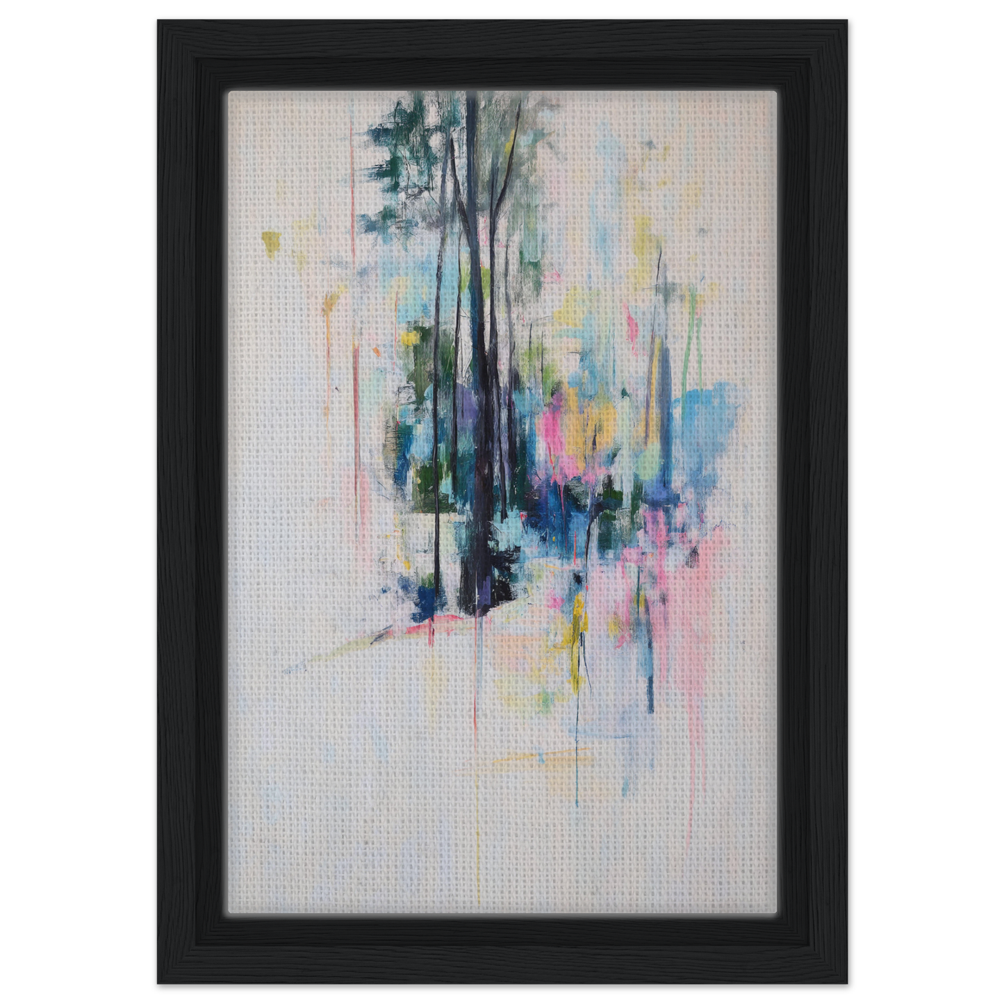 Abstract painting of vertical tree forms with colorful brushstrokes for Dancing Quiet Spring framed canvas room decor