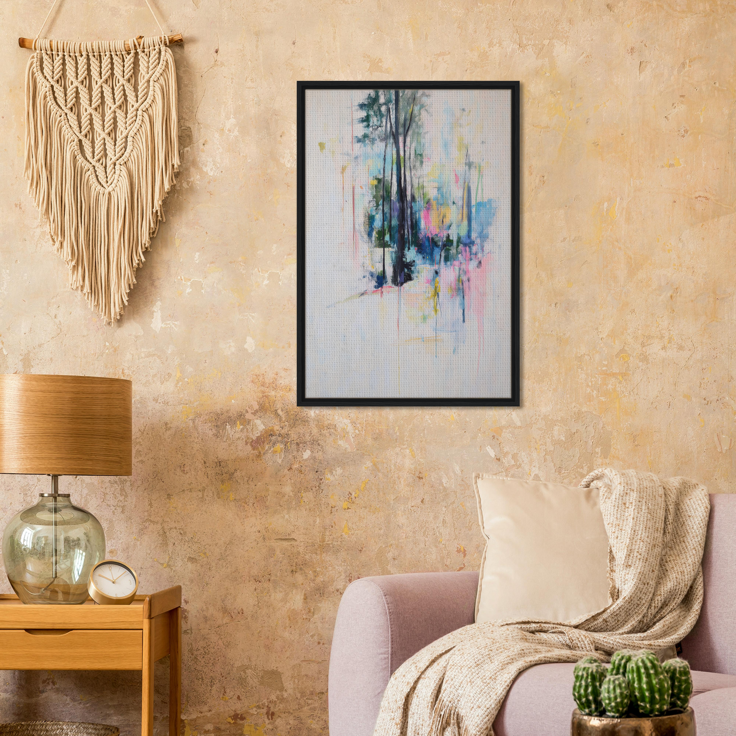 Framed canvas print of Dancing Quiet Spring with colorful vertical streaks and splatters