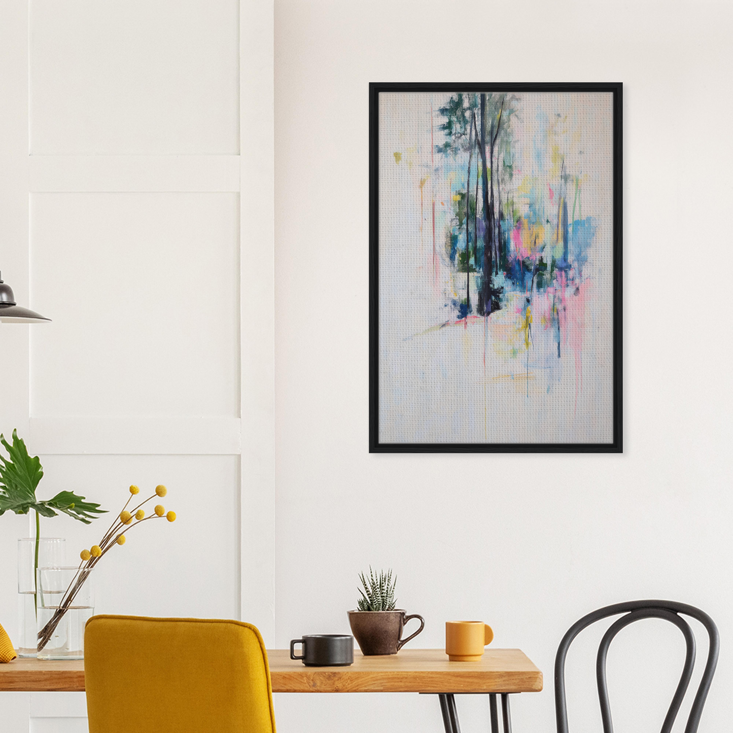 Abstract painting with vibrant brushstrokes in blue, green, pink, and yellow framed canvas print